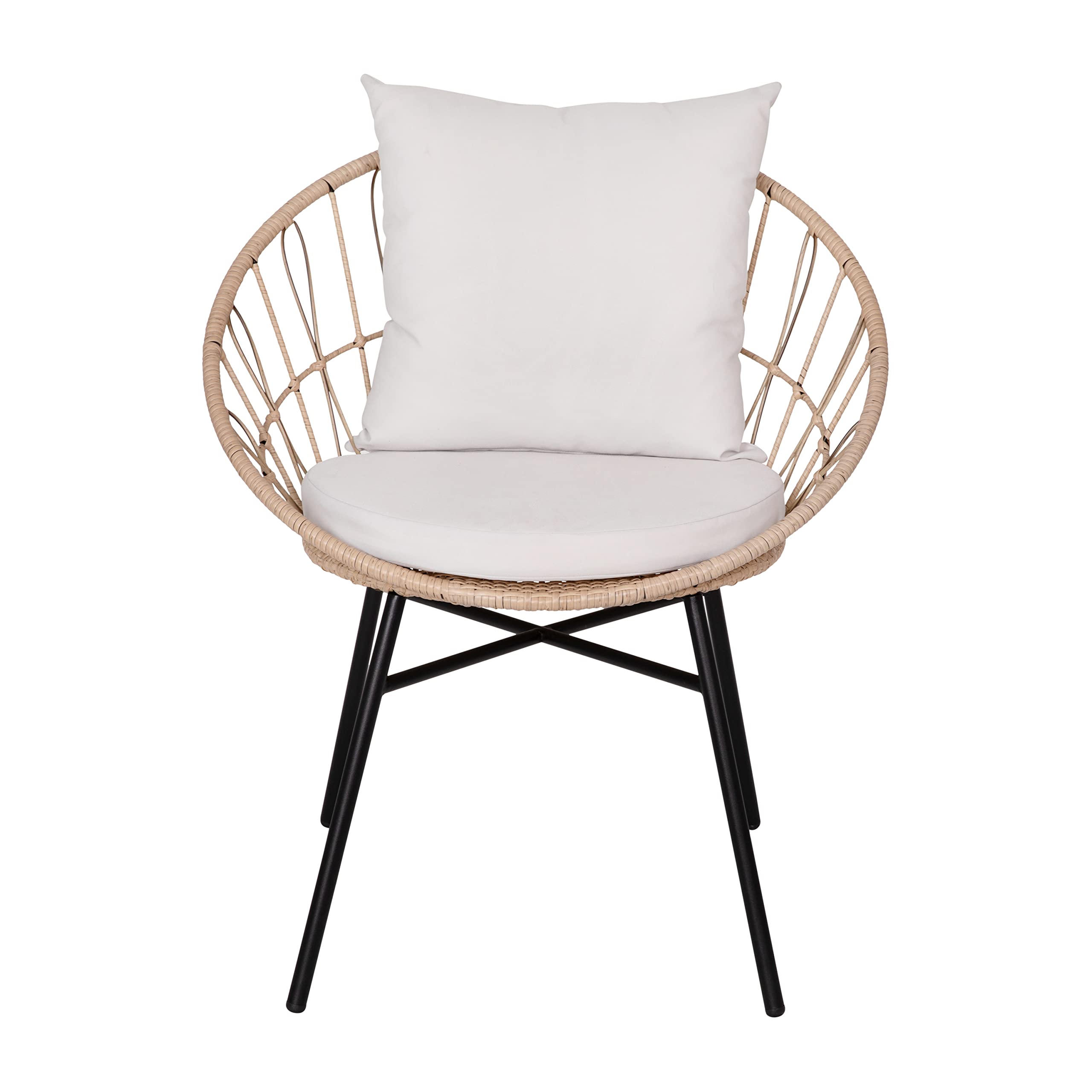 Devon 3-Piece Indoor/Outdoor Bistro Set - Tan Rattan Papasan Chairs with Glass Top Table & Gray Cushions - Perfect for Patio, Garden, Balcony or Sunroom Relaxation