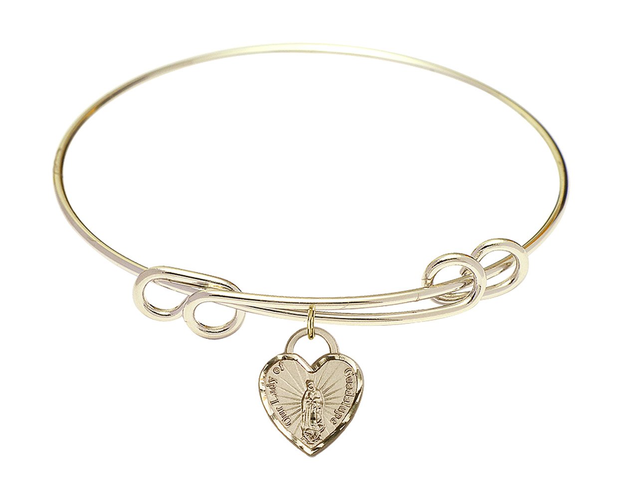 Gold-Filled Round Double Loop Bangle Bracelet with Our Lady of Guadalupe Heart Charm - Elegant Religious Jewelry for Women, Perfect for Church, Weddings & Everyday Wear