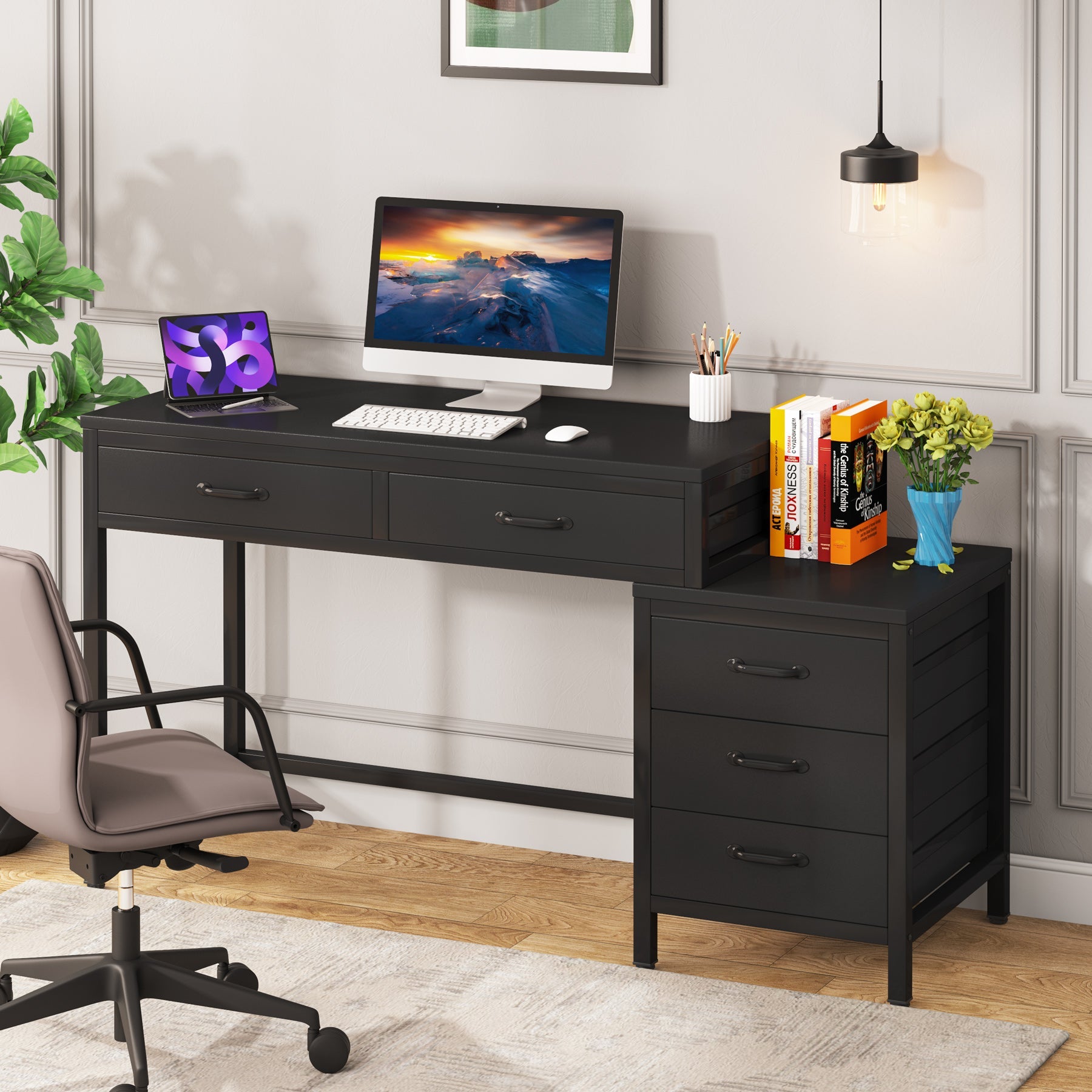 5-Drawer Computer Desk with Reversible Cabinet - Sturdy Study & Writing Table for Home Office, Gaming, and Workspace Organization