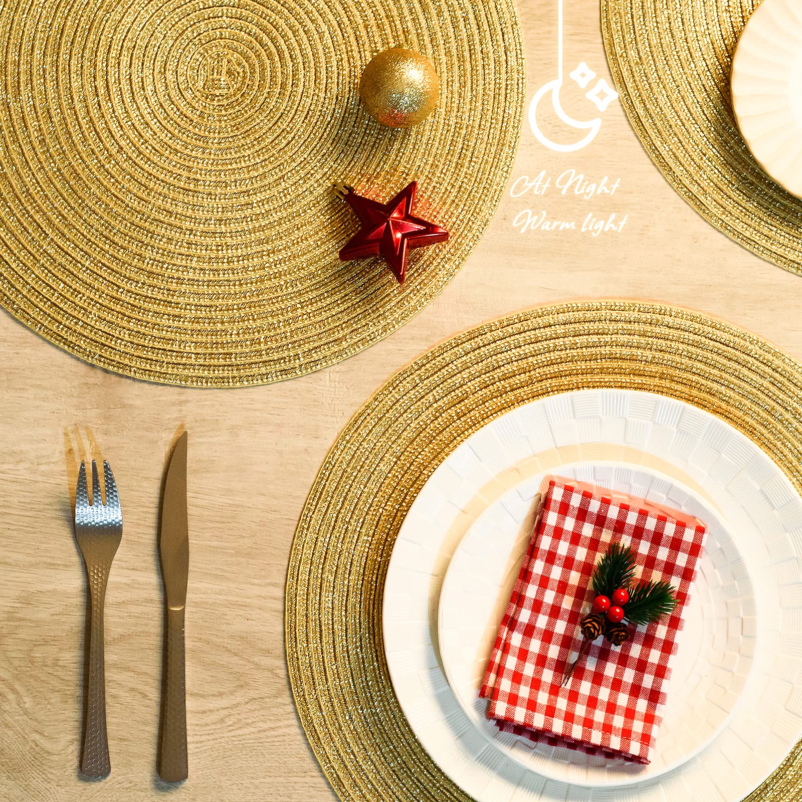 AHHFSMEI 15 Inch Round Braided Placemats Set of 6 - Natural Woven Heat Resistant Table Mats for Dining, Kitchen, and Outdoor Use (Gold Shine) - Perfect for Dinner Parties, Picnics, and Home Decor