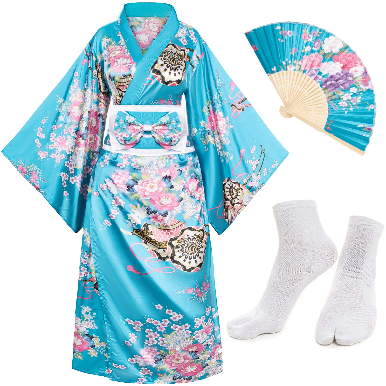 Japanese Anime Women's Kimono Robe - Geisha Yukata Sweet Dress with Blossom Satin Bathrobe, Sleepwear & Tabi Socks Set - Perfect for Cosplay, Loungewear, and Themed Parties