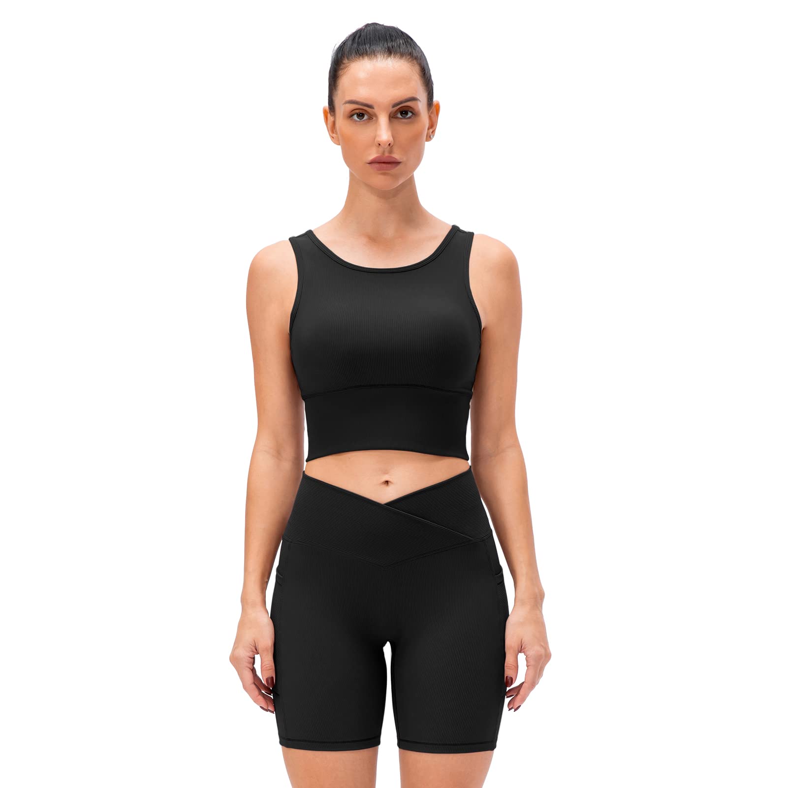 F FABOBJECTS® Women's 2-Piece Workout Set - Ribbed Crop Top & High Waist Yoga Shorts - Gym, Running, Pilates & Lounge Wear