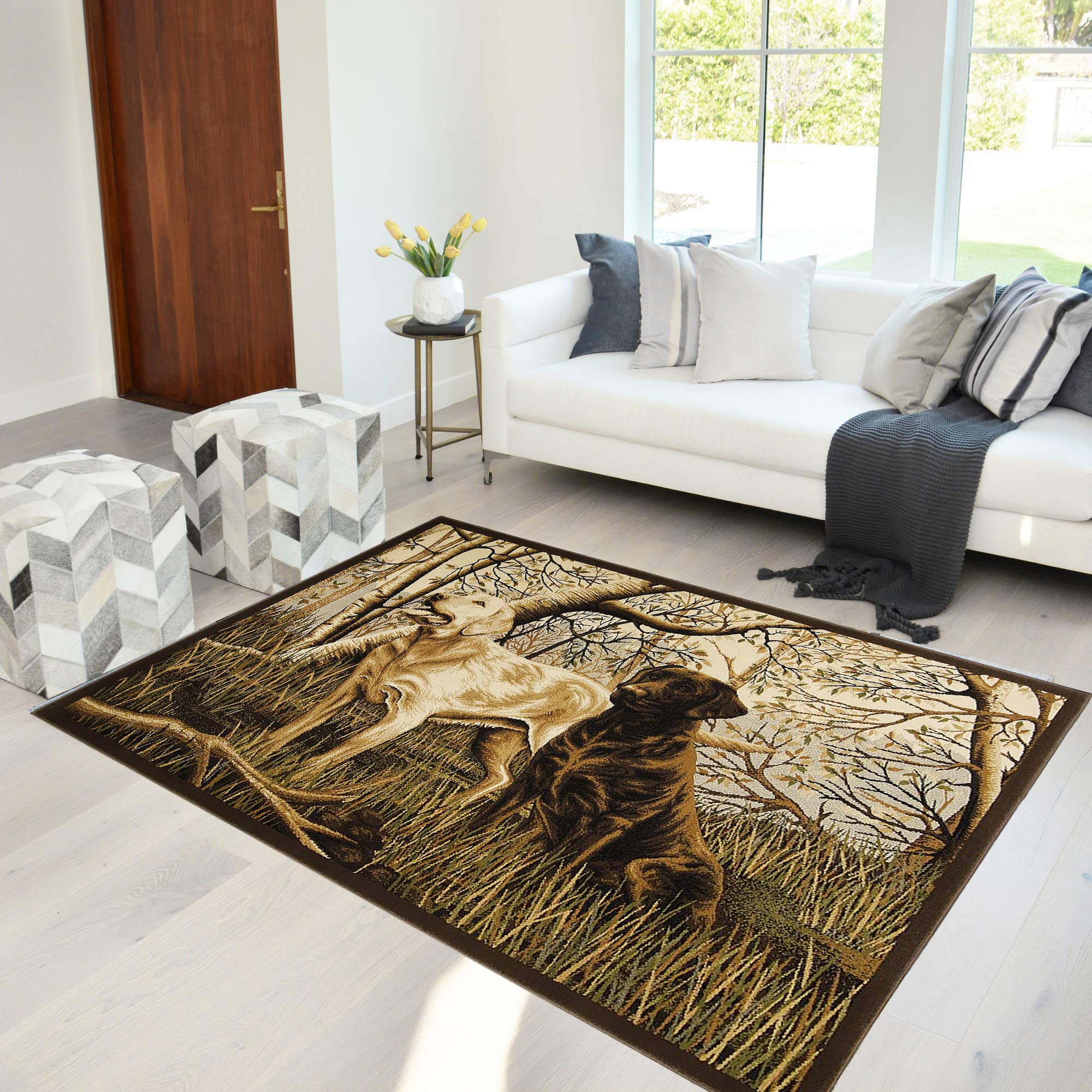 HR-Cabin Rug – Modern Lodge & Hunting Accent Rug with Abstract Multicolor Design – Perfect for Cabins, Hunting Lodges & Rustic Home Decor – Featuring Hunting Dogs & Jungle Motifs