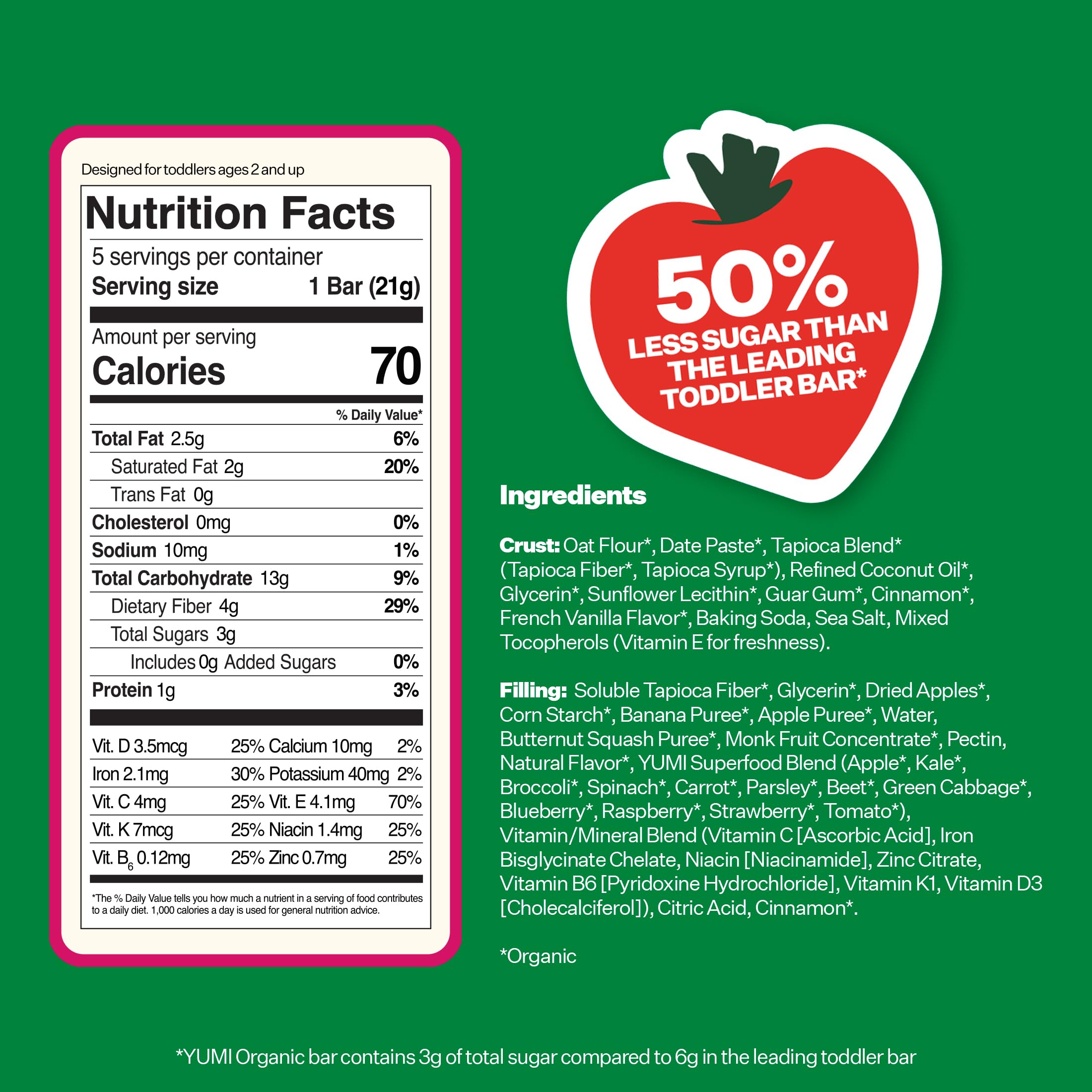 Yumi Organic Toddler Snacks Bars - Gluten-Free, No Added Sugar, 7+ Vegetables, Soft-Baked, Healthy Kids Snack for School, Lunch Boxes & On-The-Go (Strawberry Rhubarb, 30 Count) - Perfect for Preschool Snack Time, Road Trips & After-School Treats