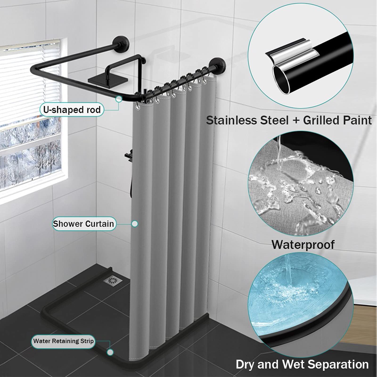 U-Shaped Extendable No-Drill Shower Curtain Rod Set with Waterproof Liner - Stainless Steel Tension Curved Shower Rail for Bathroom (Perfect for Small Spaces & Corner Showers)