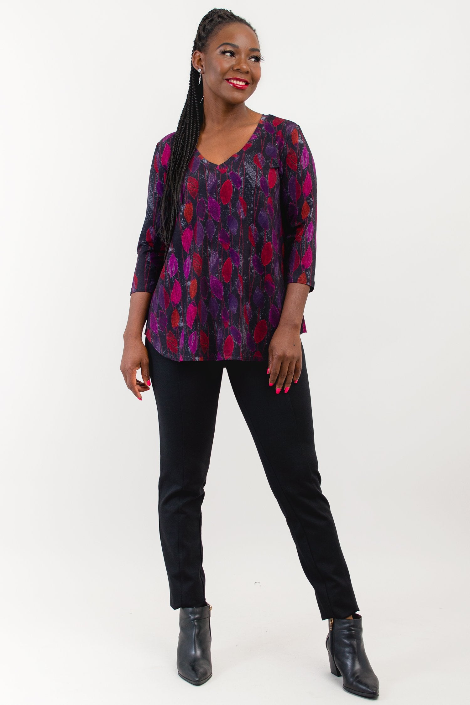 Jackie 3/4 Sleeve Women's Tops - Orchid Leaf Print Bamboo Fabric Blouse for Casual Wear & Summer Outfits | Final Sale