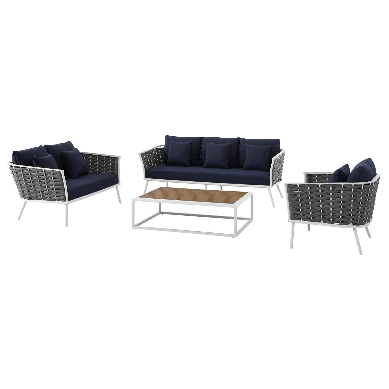 Modern Contemporary Outdoor Patio Lounge Chair Set with Sofa & Table - Aluminum Frame & White Navy Fabric - Perfect for Backyard, Poolside & Garden Relaxation