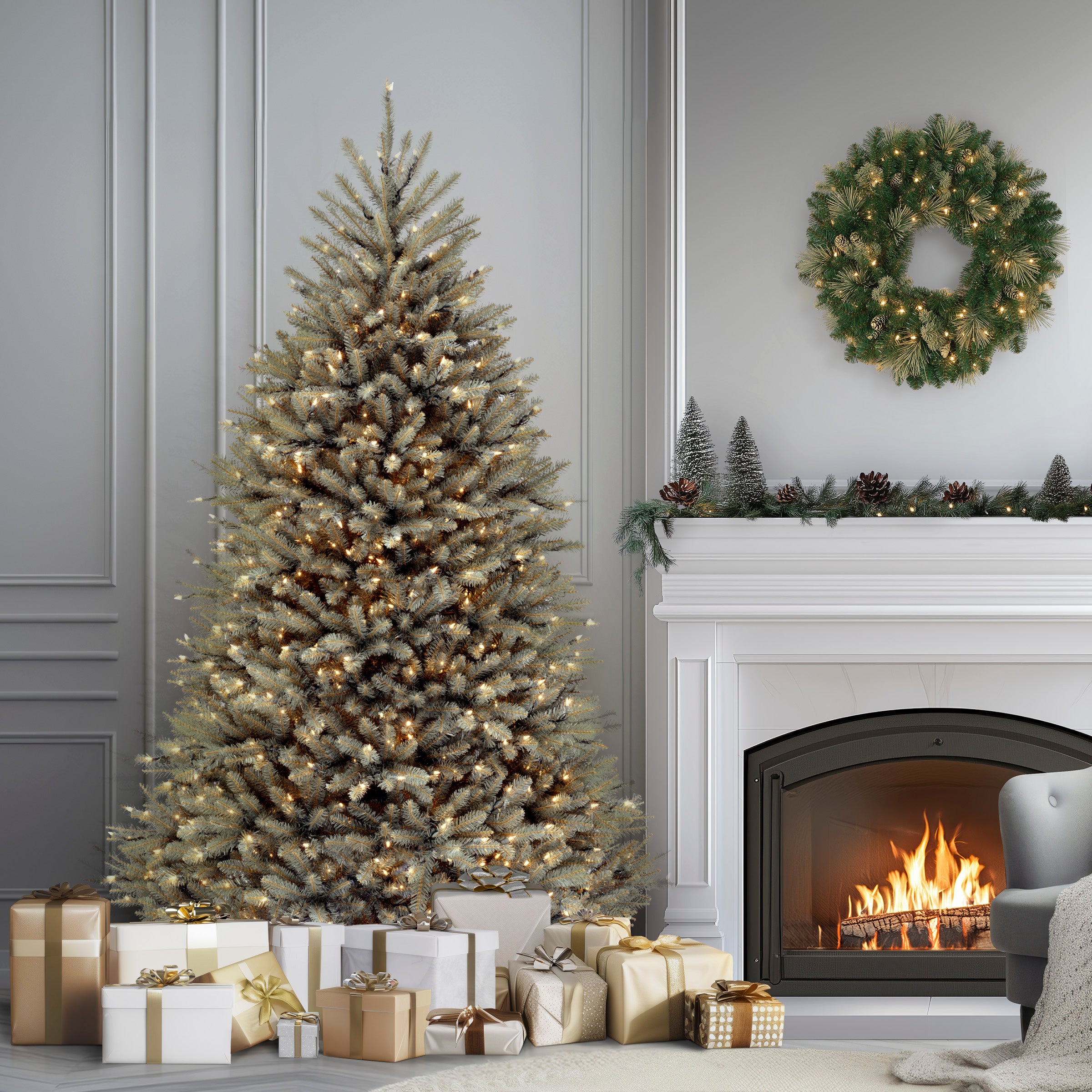 7.5 ft Pre-Lit Dunhill Fir Artificial Christmas Tree with Snowy Blue Tips and Clear LED Lights - Perfect for Holiday Home Decor, Office, and Festive Party Settings