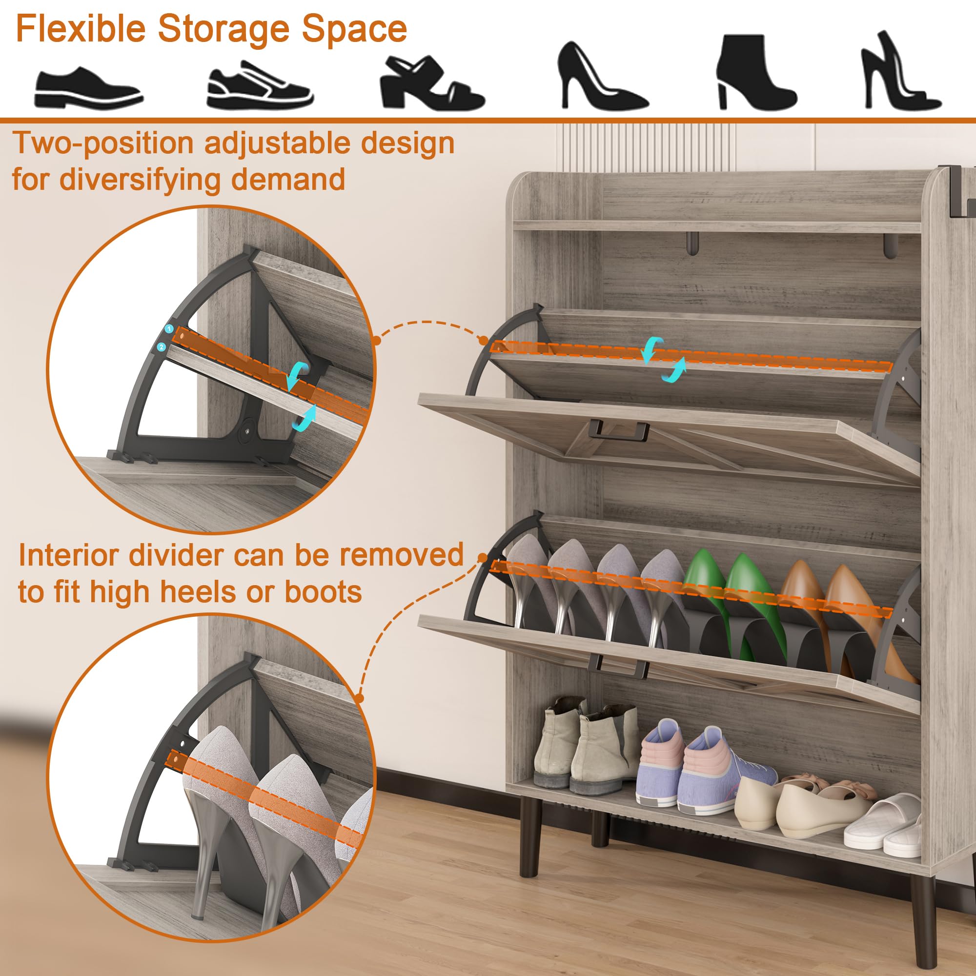 HOMEFORT Slim Shoe Storage Cabinet with 2 Flip Drawers - Narrow Wooden Entryway Shoe Organizer with Farmhouse Style Legs - Washed Gray Hidden Shoe Cabinet for Front Door Entrance - Perfect for Small Spaces & Apartment Living