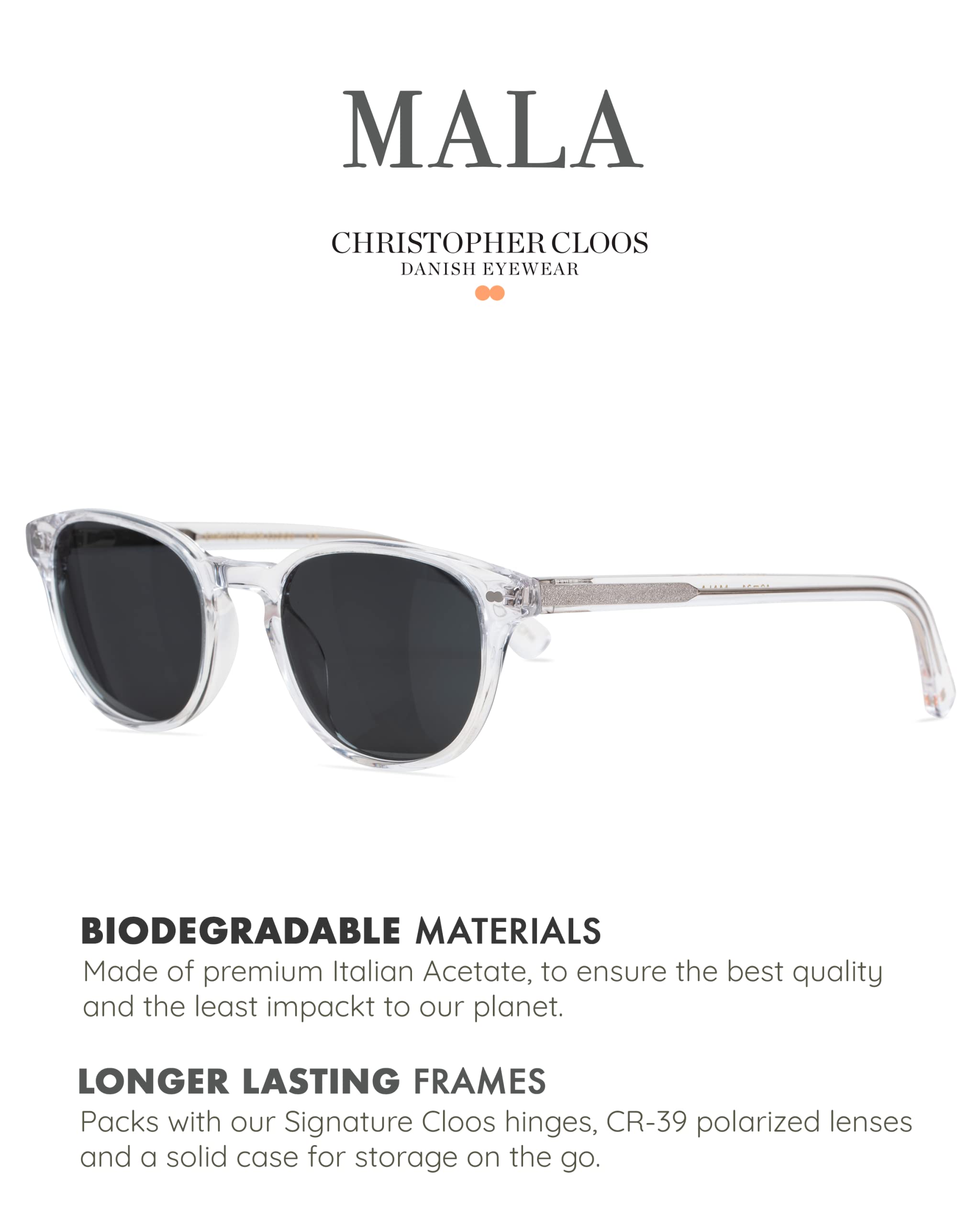 Christopher Cloos - Mala On The Rocks - Round Polarized Sunglasses for Men & Women with Case - Trendy UV Protection Unisex Shades - Perfect for Beach, Driving & Outdoor Activities