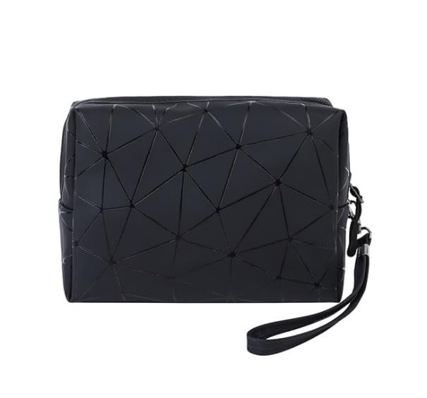 JUBLYN Waterproof PU Leather Cosmetic Bag - Multipurpose Makeup Pouch with Zipper, Soft Geometric Toiletry Organizer for Women & Girls (Black) | Perfect for Travel, Gym, and Daily Essentials Storage