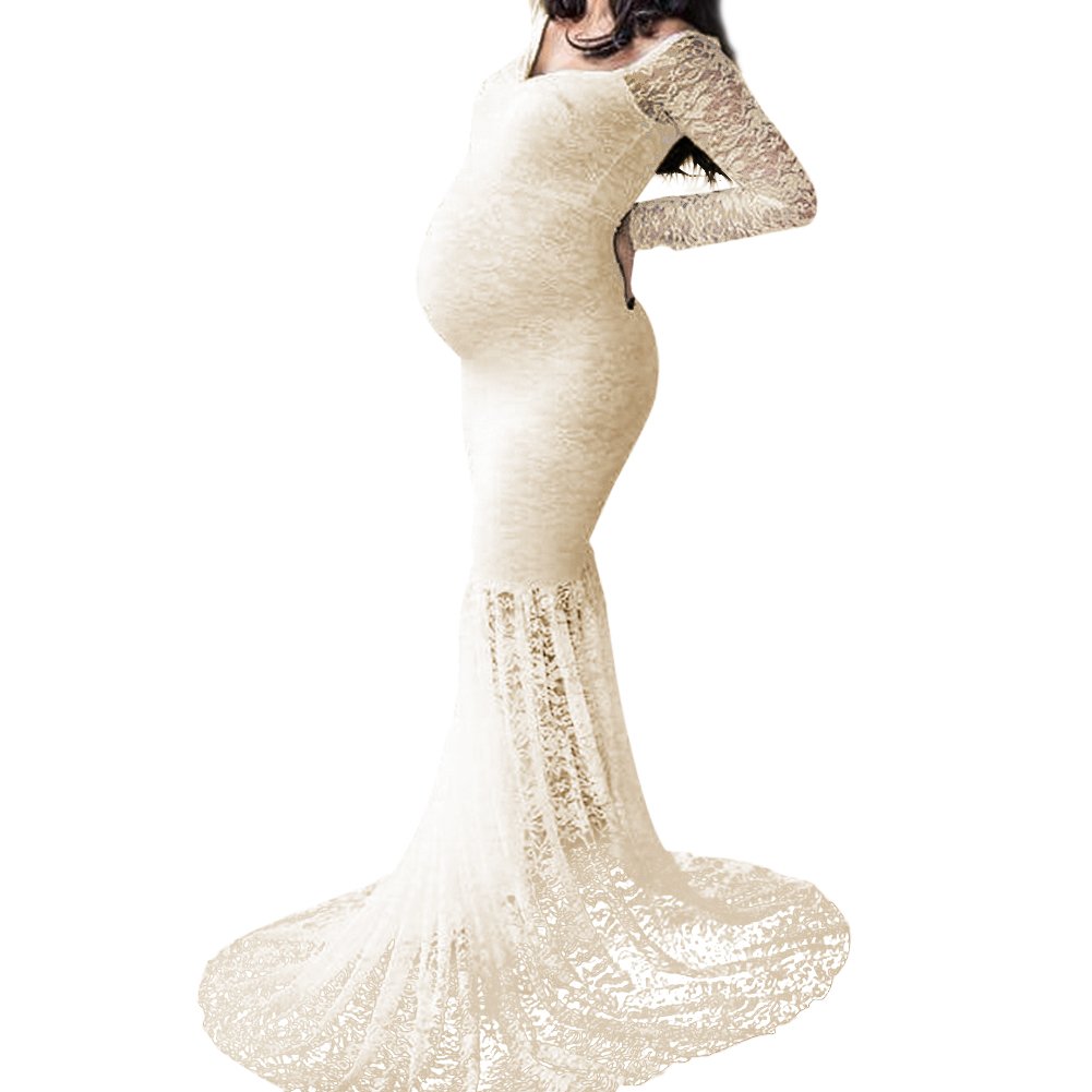 Elegant Maternity Lace Maxi Dress for Pregnancy Women - Long Sleeve V-Neck Floral Stretch Gown for Baby Shower, Photoshoot & Special Occasions