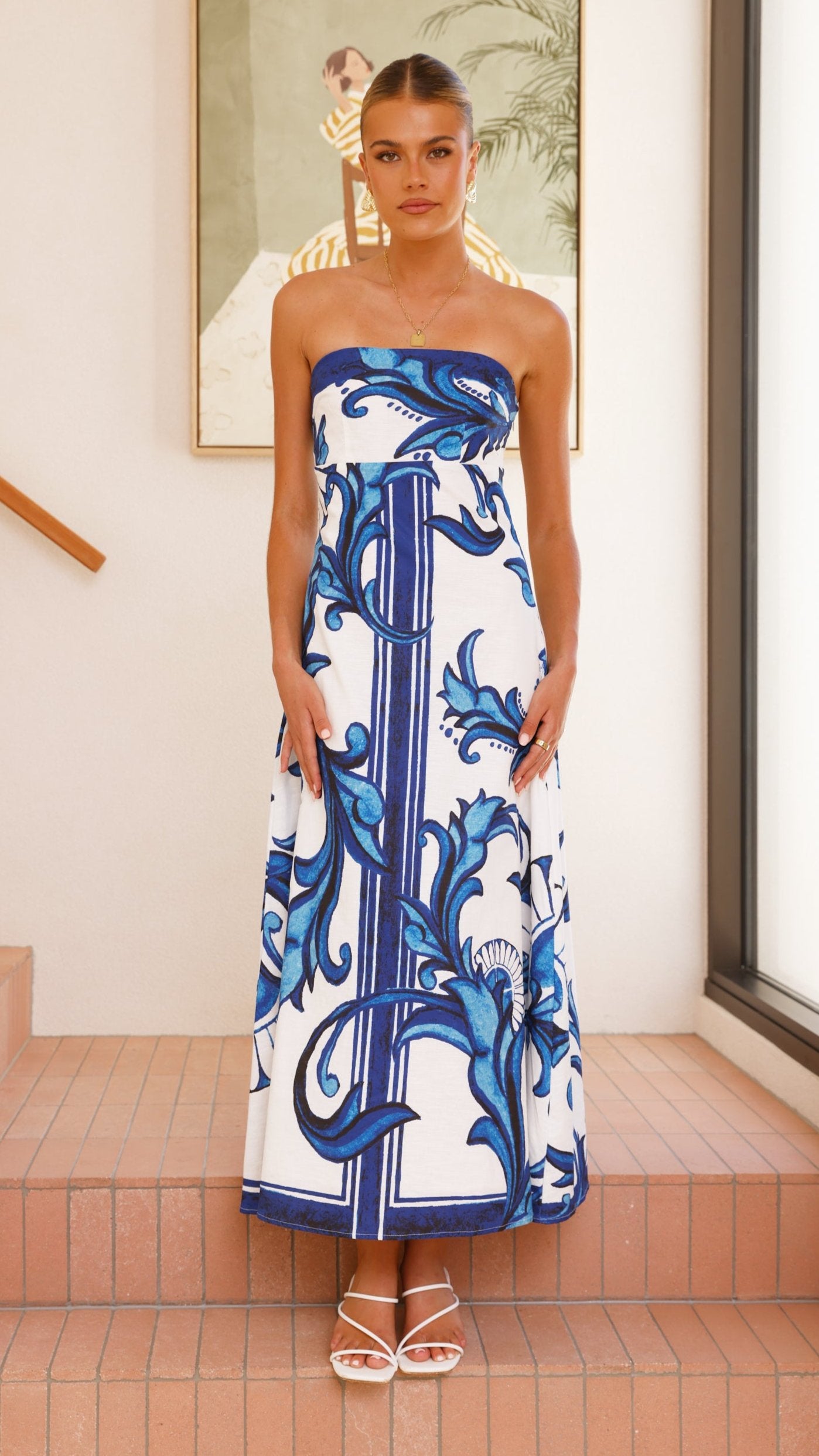 Madra Maxi Dress for Women - Elegant Sapphire & White Zayna Pattern - Perfect for Beach Vacations, Summer Parties & Boho Fashion