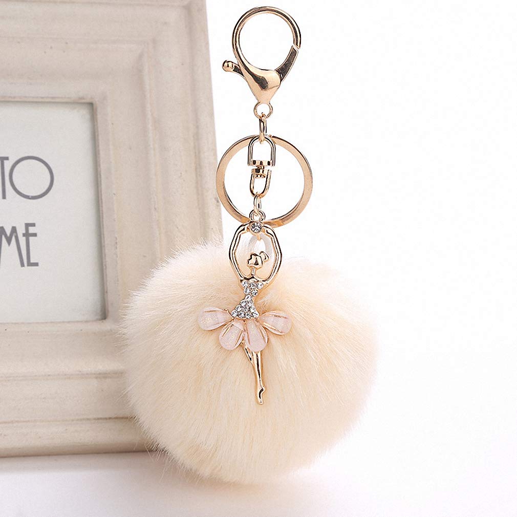 Gold Key Chain with Faux Rabbit Fur Pom Pom - Stylish Keyring for Girls & Women - Perfect for Handbags, Backpacks, and Gift Giving