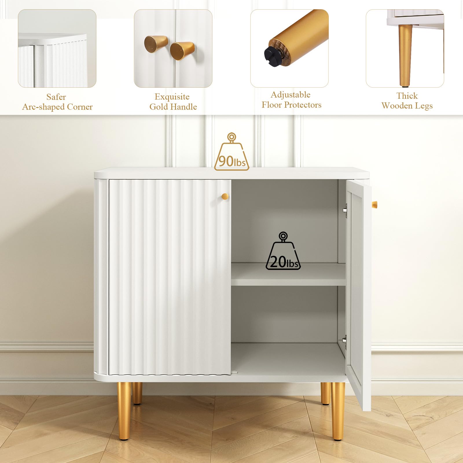 HLR Fluted Sideboard Buffet Cabinet - White Modern 2-Door Storage Credenza for Kitchen, Living Room & Entryway | Perfect for Dining Room Storage, Hallway Decor & Home Organization