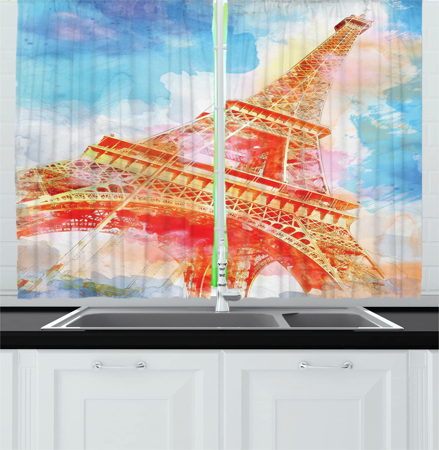 Ambesonne Parisian Kitchen Curtains - Watercolor Eiffel Tower Design, Vibrant Yellow Blue Red Window Drapes, 2 Panel Set (55
