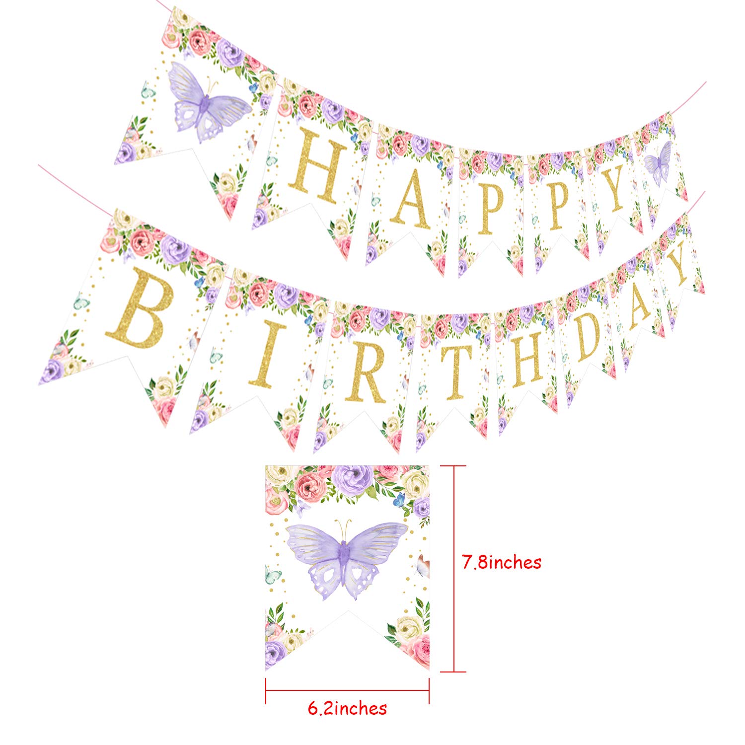 Butterfly Floral Birthday Banner - Pink & Purple 1st 2nd 3rd Birthday Party Decorations for Girls, Women - Fairy Garden Theme Birthday Supplies for Baby Shower, Kids Party, Nursery Decor