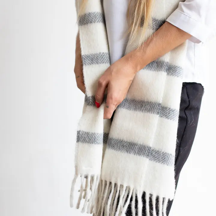 Soft Wool Scarf - Off White & Dark Grey Striped Winter Wrap for Women & Men | Cozy Fashion Accessory for Cold Weather, Office & Outdoor Activities