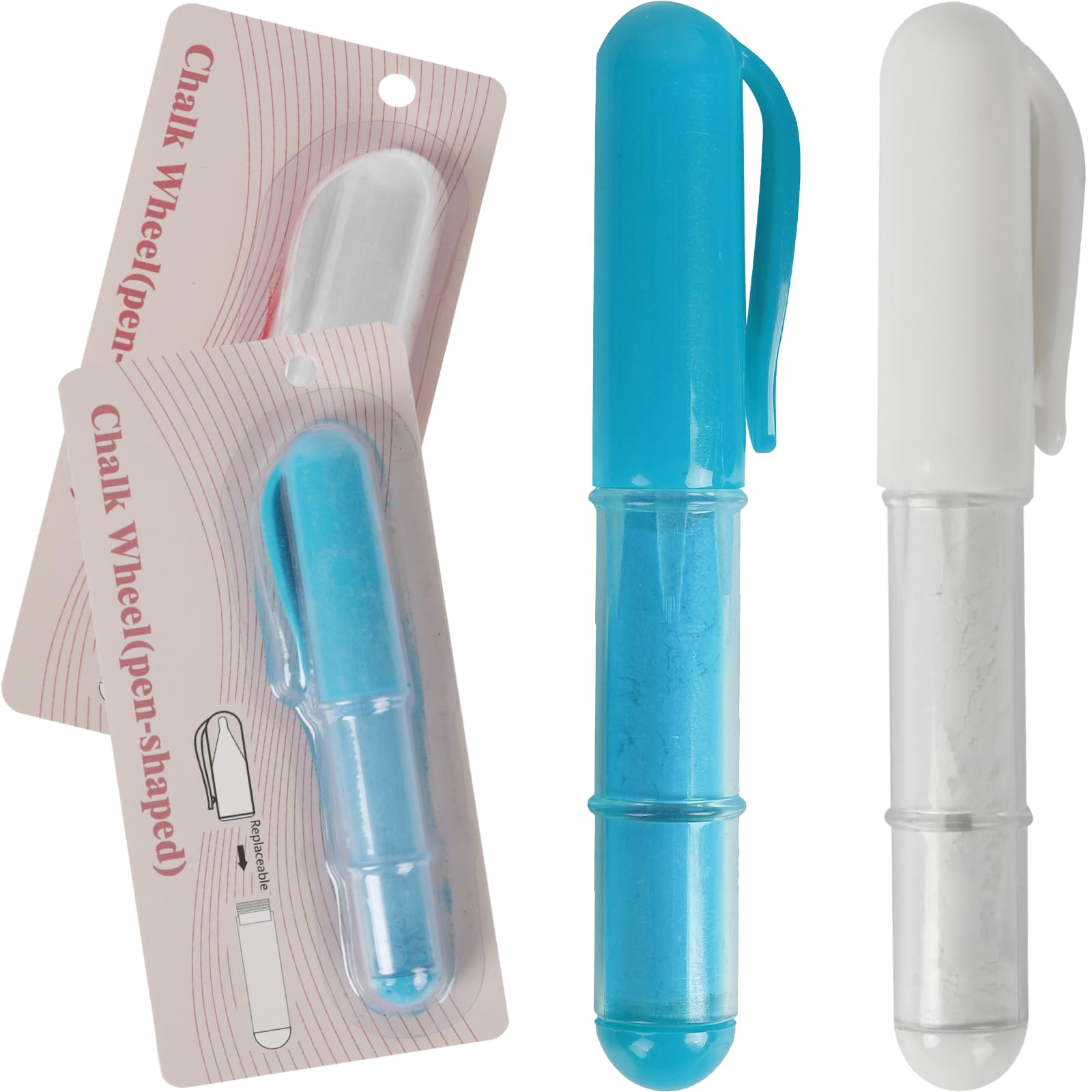 2-Pack Fabric Chalk Markers (Blue & White) - Washable Tailor's Chalk for Quilting, Sewing & Fabric Marking - Works on Cotton, Denim & Most Fabrics - Precision Dosing Wheel Technology - Perfect for DIY Crafts, Clothing Alterations & Pattern Making