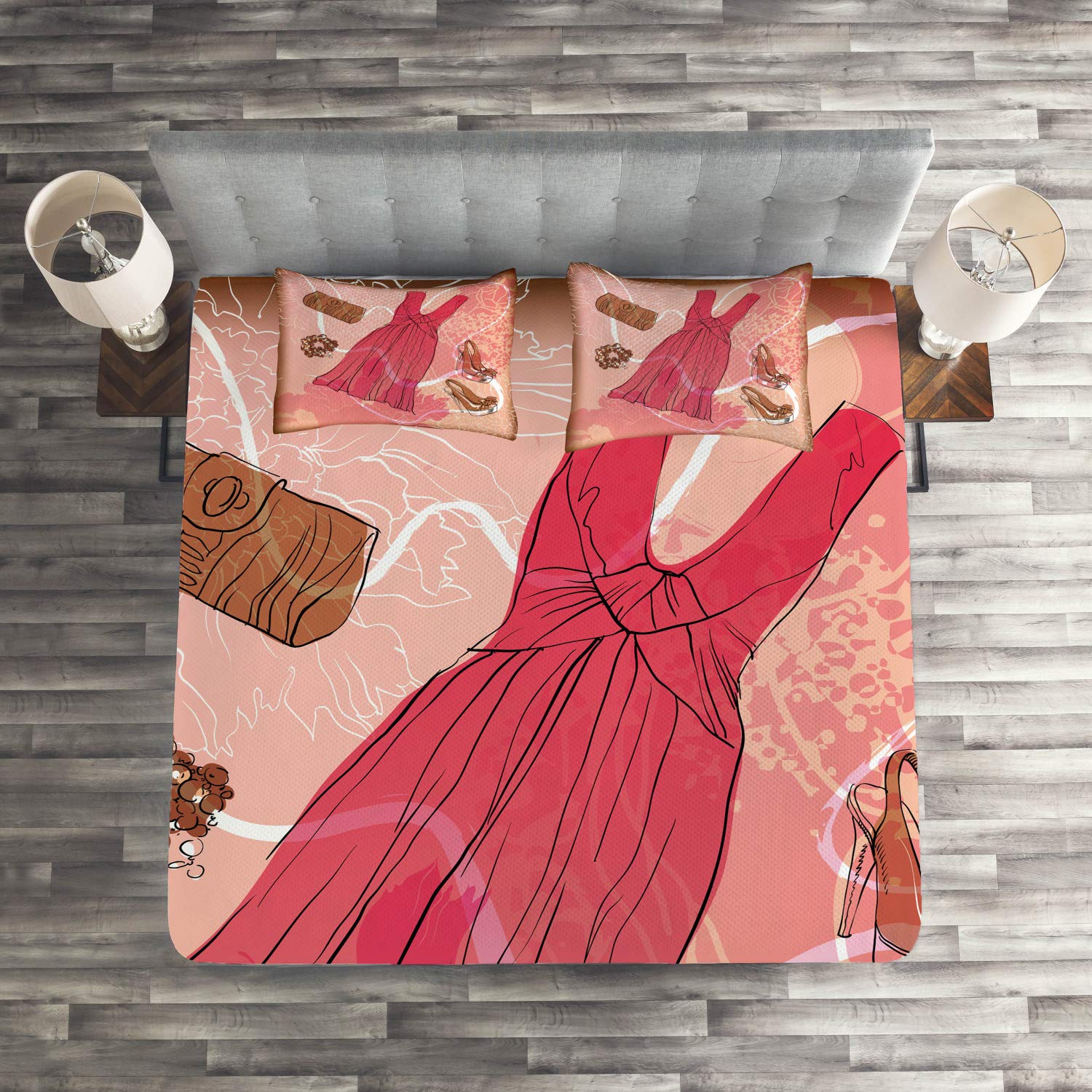 Ambesonne Floral Abstract Quilted Bedspread Set - King Size 3-Piece Bedding with 2 Pillow Shams | Pink, Brown & White Spring Inspired Design | Perfect for Master Bedroom Decor, Guest Room Makeover & Cozy Home Styling