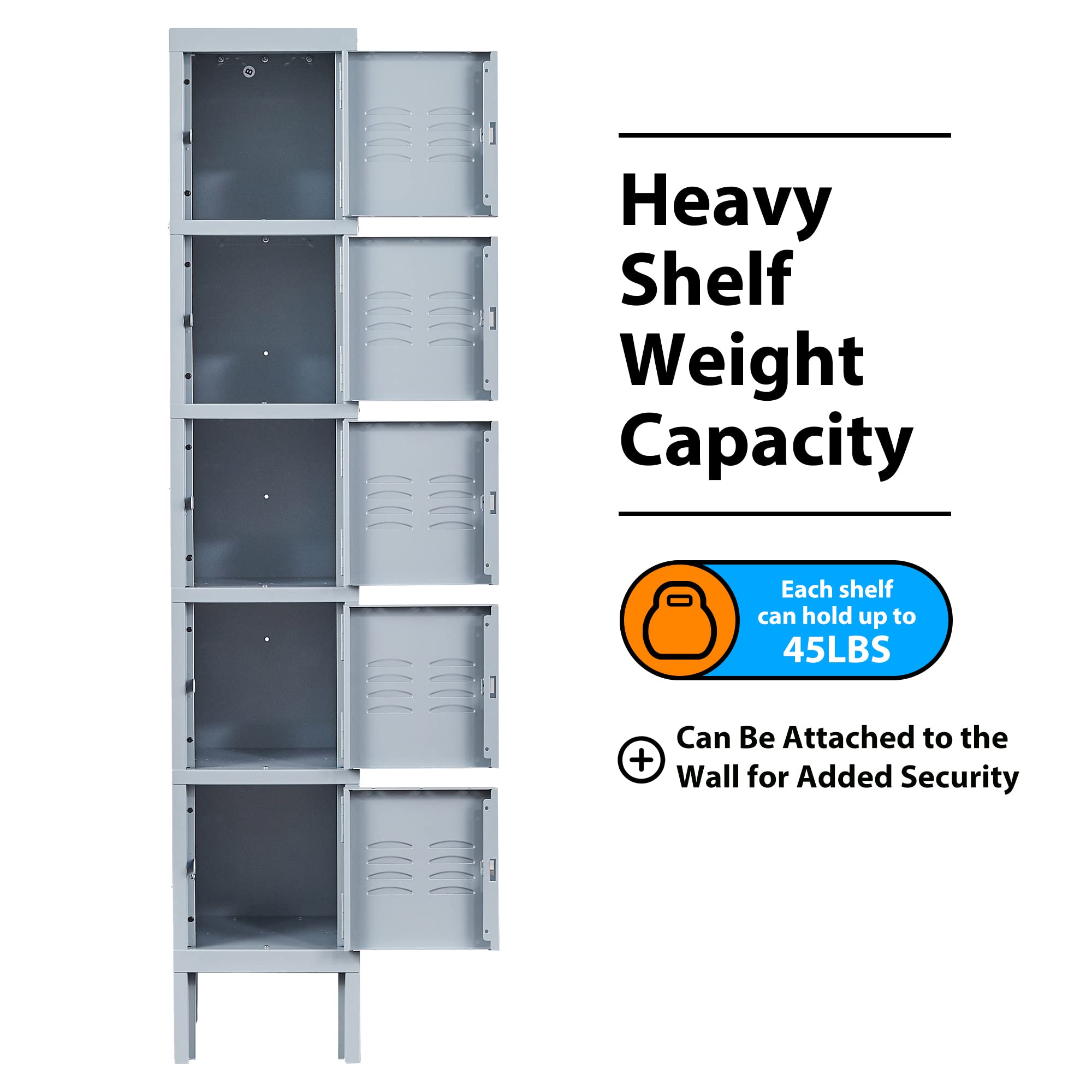 5-Tier Steel Storage Locker with 5 Doors - Heavy Duty Metal Locker for School, Home, Office & Gym - Secure Grey Organizer for Sports Equipment, Books & Office Supplies