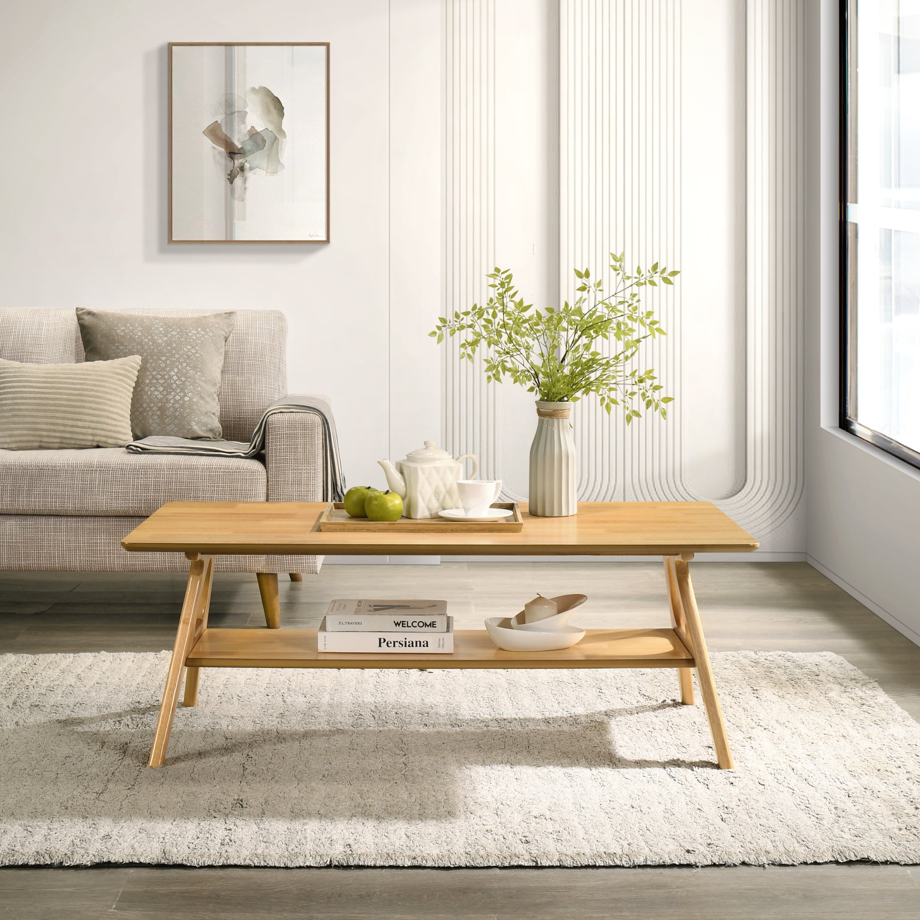 Roundhill Furniture Arona Mid Century Modern Wood Shelf Coffee Table - Stylish Living Room Accent Table for Books & Decor