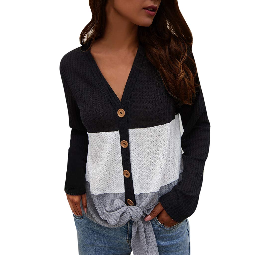 WOCACHI Women's Button Tie Knot Waffle Knit Patchwork Sweater Pullover - Long Sleeve V-Neck Tunic Top Jumper for Casual Wear, Office & Date Nights