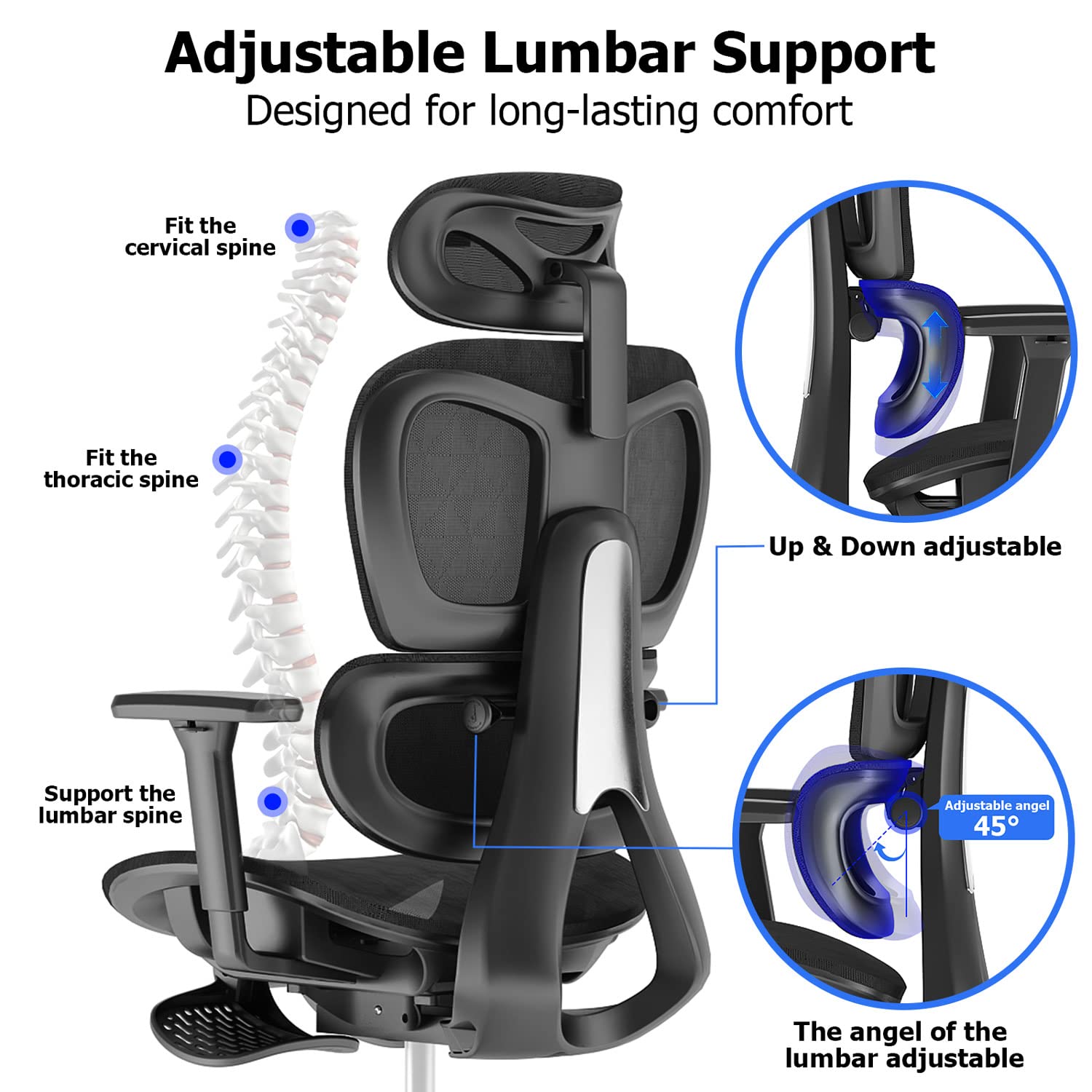 Ergonomic Mesh Office Chair with 3D Adjustable Armrests & Lumbar Support - High Back Computer Desk Chair with Wheels for Home Office - Breathable Black Mesh Task Chair for Long Hours Sitting & Back Pain Relief
