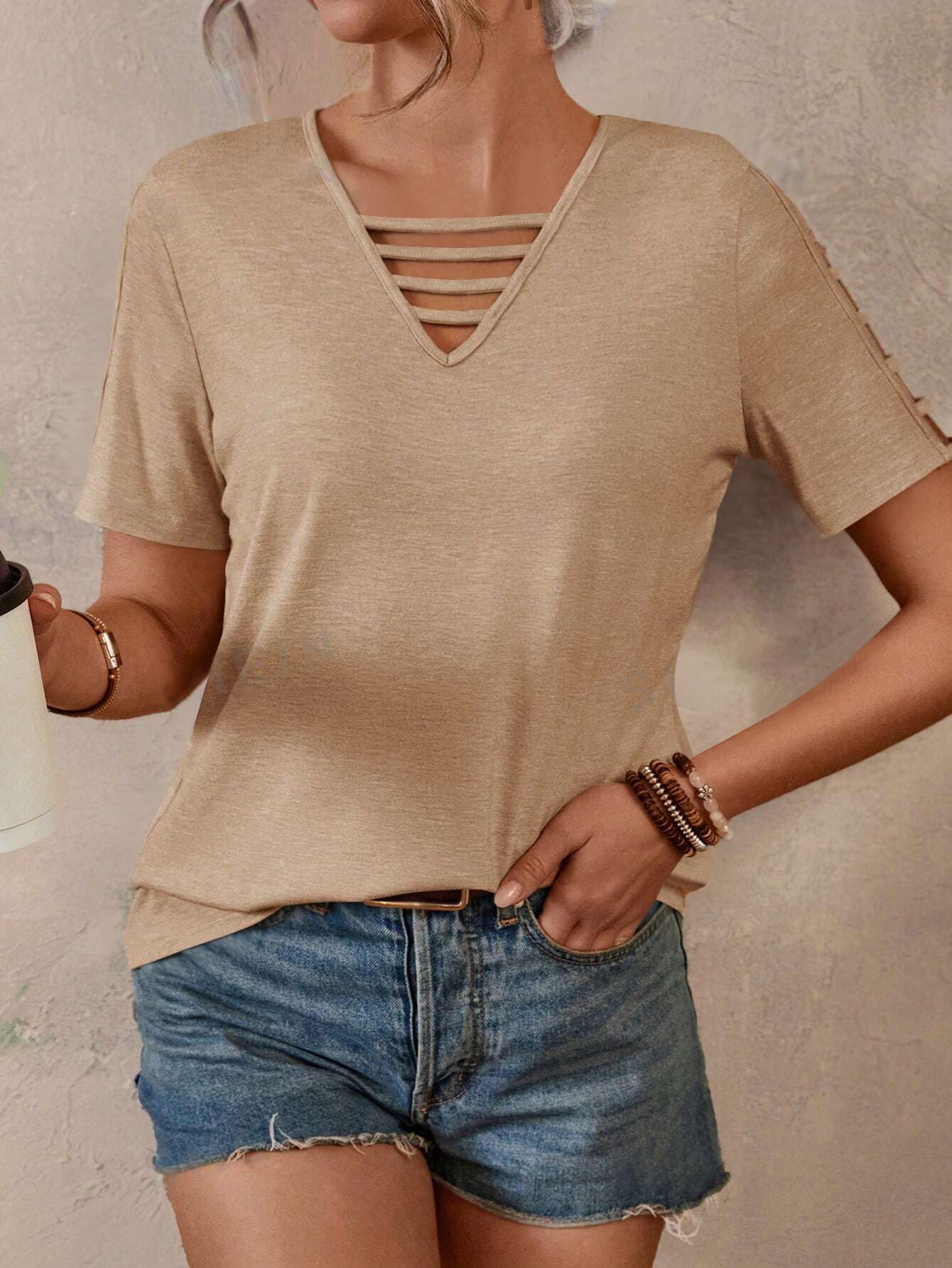 Women's V-Neck Loose Fit Hollow Out Short Sleeve T-Shirt - Breathable Summer Casual Top for Beach, Vacation & Daily Wear | Spring 2025 Fashion Trend