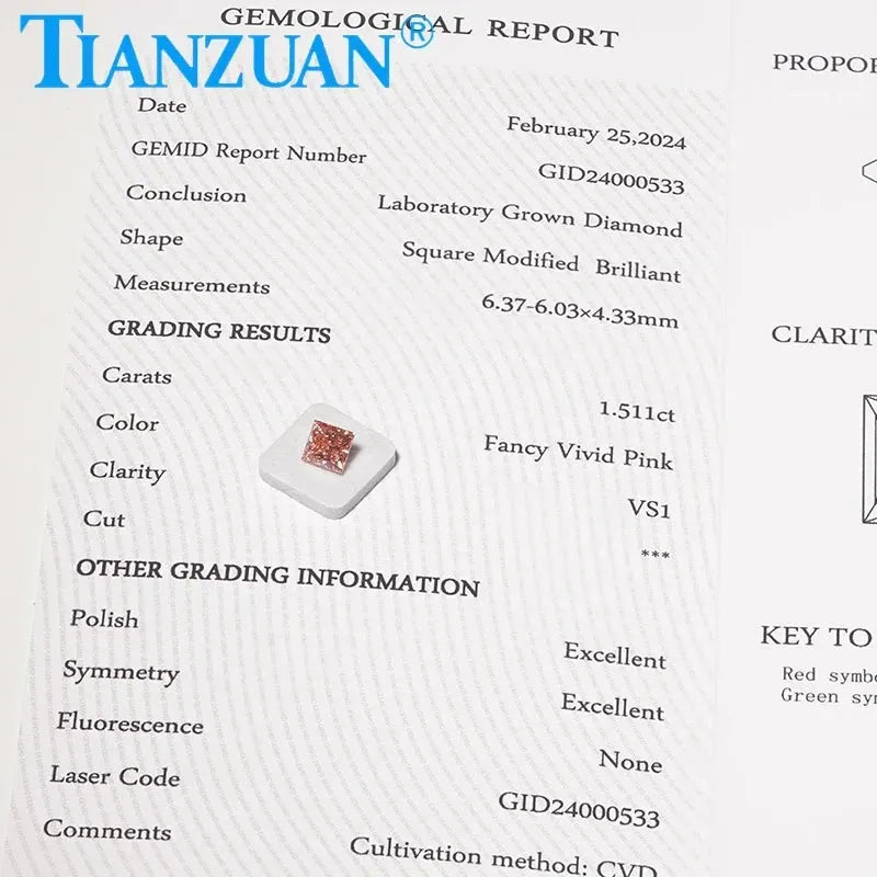 1.51CT VS1 Lab Grown CVD Diamond - Square Shape 2EX Fancy Vivid Pink Loose Gemstone with GEMID Certification | Perfect for Engagement Rings, Jewelry Making & Luxury Gifts