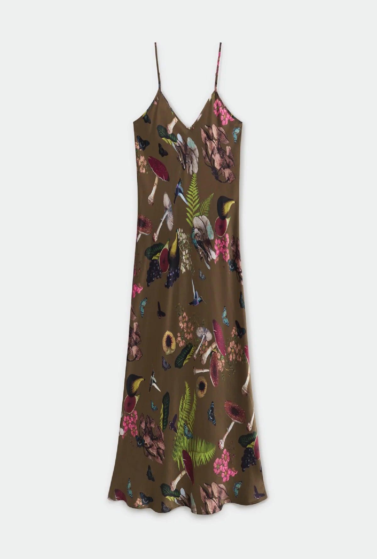 90s Slip Dress with Magic Mushroom Print - Dark Earth Tone Vintage Style for Women | Perfect for Boho Festivals, Date Nights & Layered Outfits