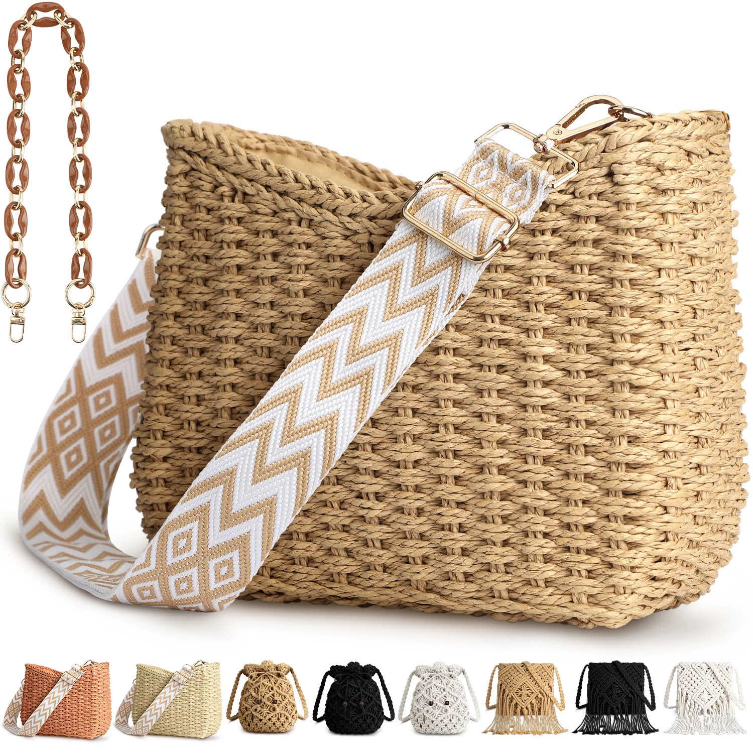 Stylish Woven Straw Crossbody Handbag - Casual Boho Beach Tote with Chain Strap for Women | Perfect for Summer Outings, Vacations & Boho-Chic Fashion