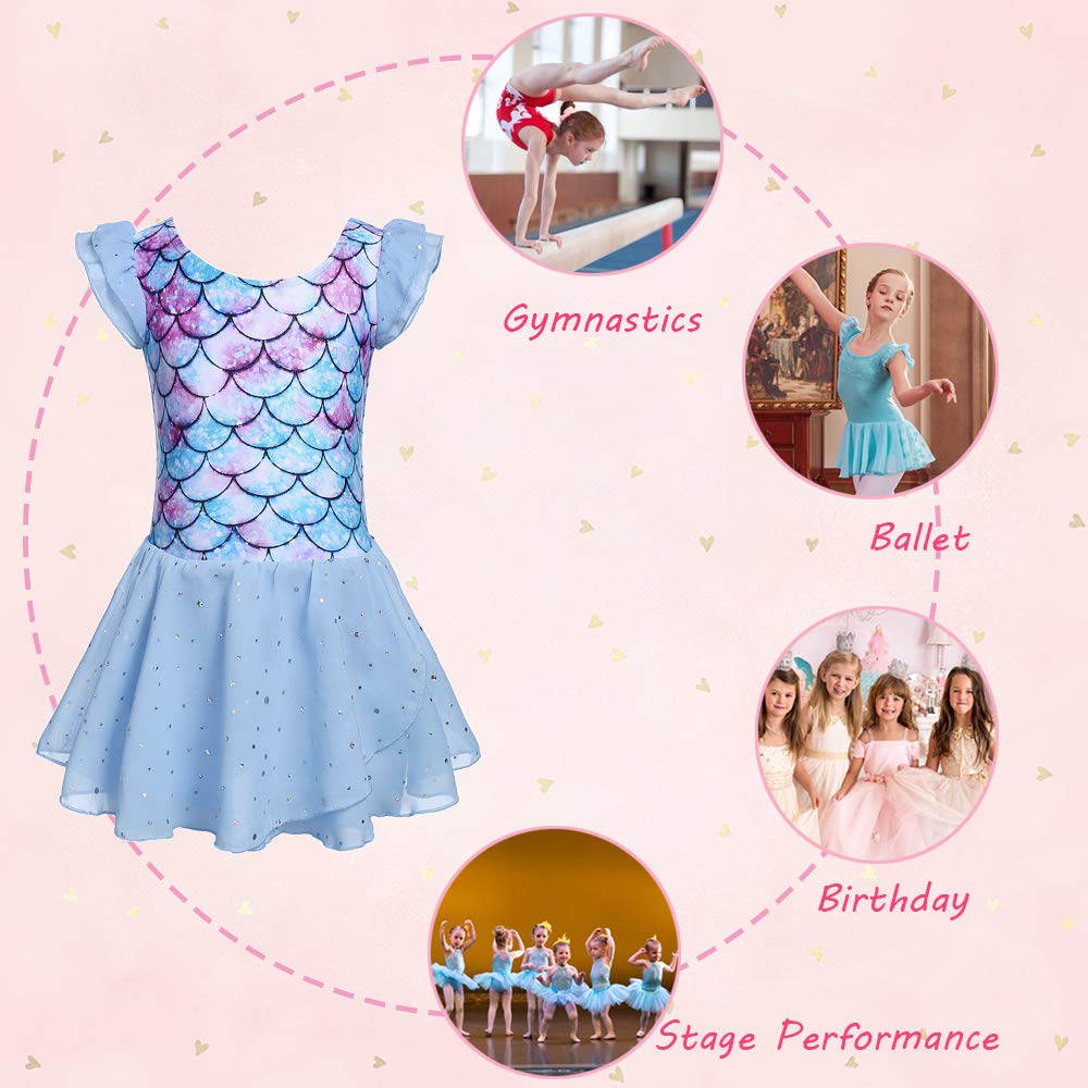 Boyoo Girls Ballet Leotard with Tutu Skirt - Ruffle Sleeve Sparkle Dance Dress for Ages 3-11 (Mermaid, 3-4T) - Perfect for Recitals, Performances, Ballet Class, Dance Competitions & Birthday Parties