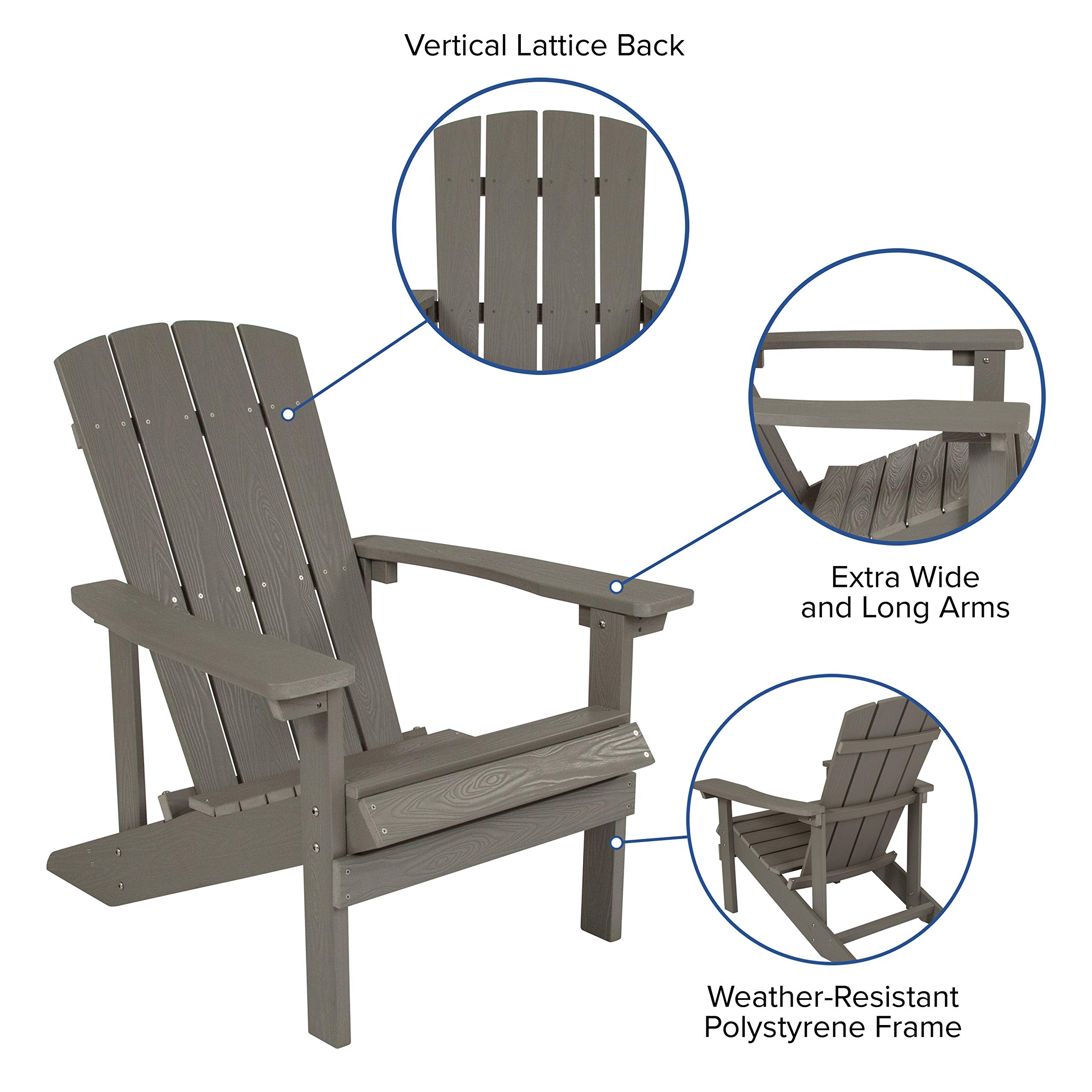 Merrick Lane Set of 2 Gray Weather-Resistant Riviera Adirondack Patio Chairs with Vertical Back & Wide Arms - Outdoor Furniture for Deck, Garden, Poolside Relaxation