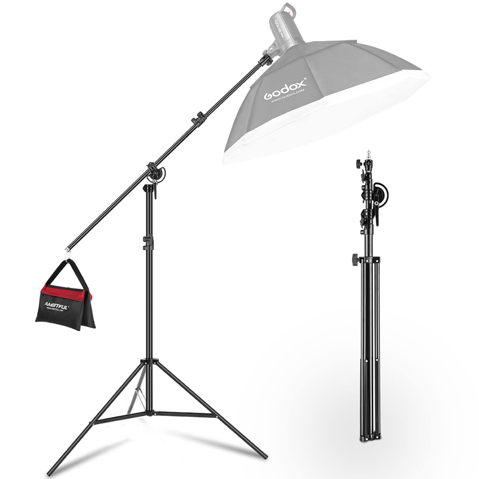 AMBITFUL 2-in-1 Photography Light Stand with Boom Arm - 10.4ft/3.2m Heavy Duty Adjustable Tripod Stand with 6ft/1.85m Holding Arm & Sandbag - Perfect for Studio Lighting, Monolights, Softboxes & Reflectors - Ideal for Portrait, Product & YouTube Photography