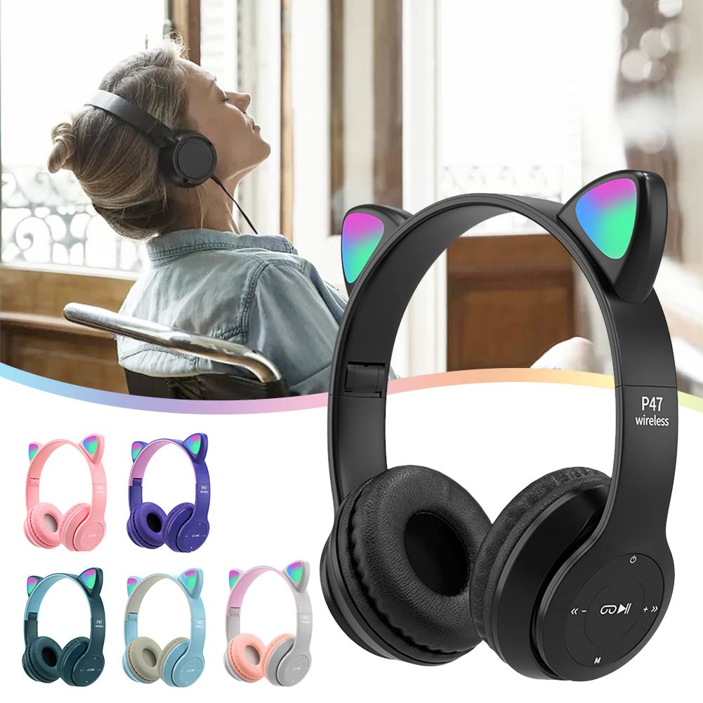 LED Cat Ear Bluetooth 5.0 Wireless Headphones with Built-in Mic & Noise Cancelling - Foldable Over-Ear Gaming Headset for Kids & Adults, Perfect for Study, Travel & Gaming (Purple)