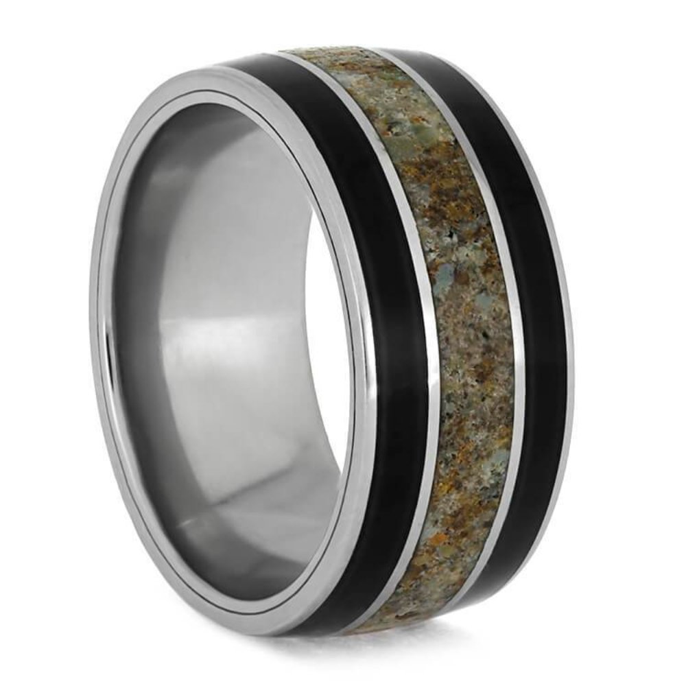 Unisex Titanium Comfort-Fit Band - 10mm African Blackwood & Dinosaur Bone Wedding Ring for Men & Women - Perfect for Everyday Wear, Anniversary Gifts & Unique Jewelry Collections
