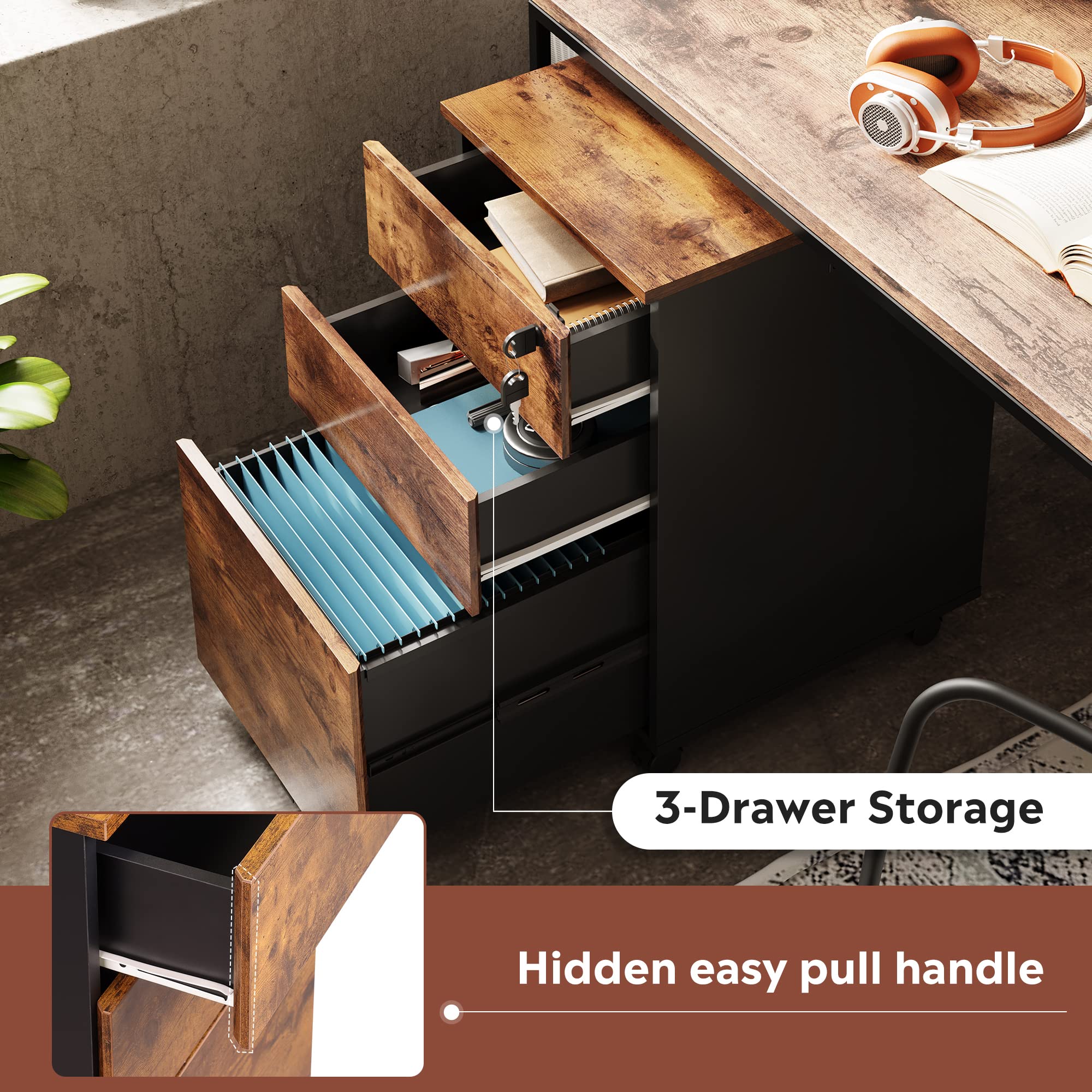 DEVAISE 3-Drawer Rolling File Cabinet with Lock - Wooden Under Desk Storage Organizer for Letter/Legal/A4 Documents - Rustic Brown Home Office Furniture for Small Spaces & Workspaces