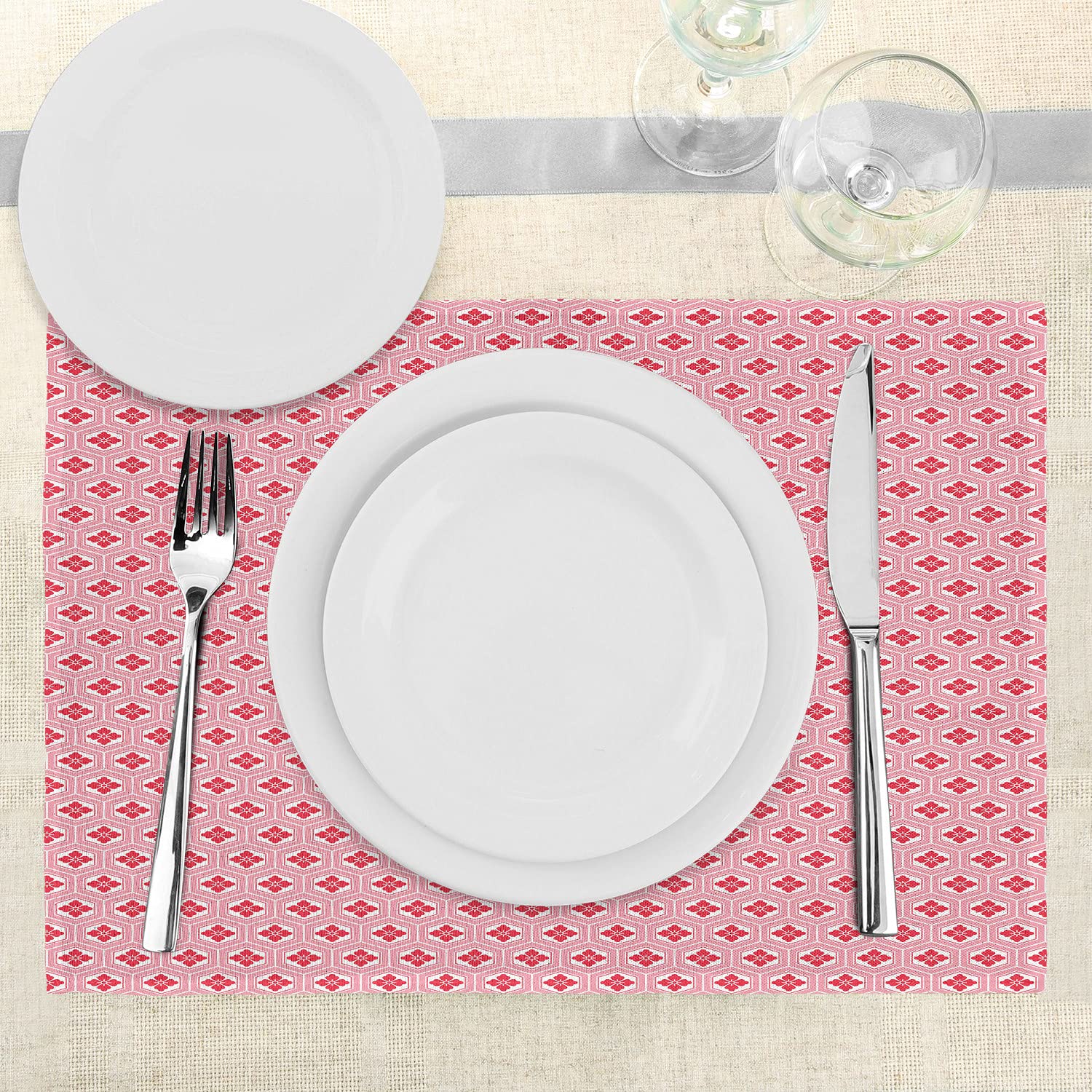 Ambesonne Rose Place Mats Set of 4 - Traditional Japanese Rhombus Pattern Floral Kimono Design Washable Fabric Placemats for Dining Table & Kitchen Decor in Dark Coral Rose & White - Perfect for Dinner Parties, Holiday Gatherings & Asian-Inspired Home Styling