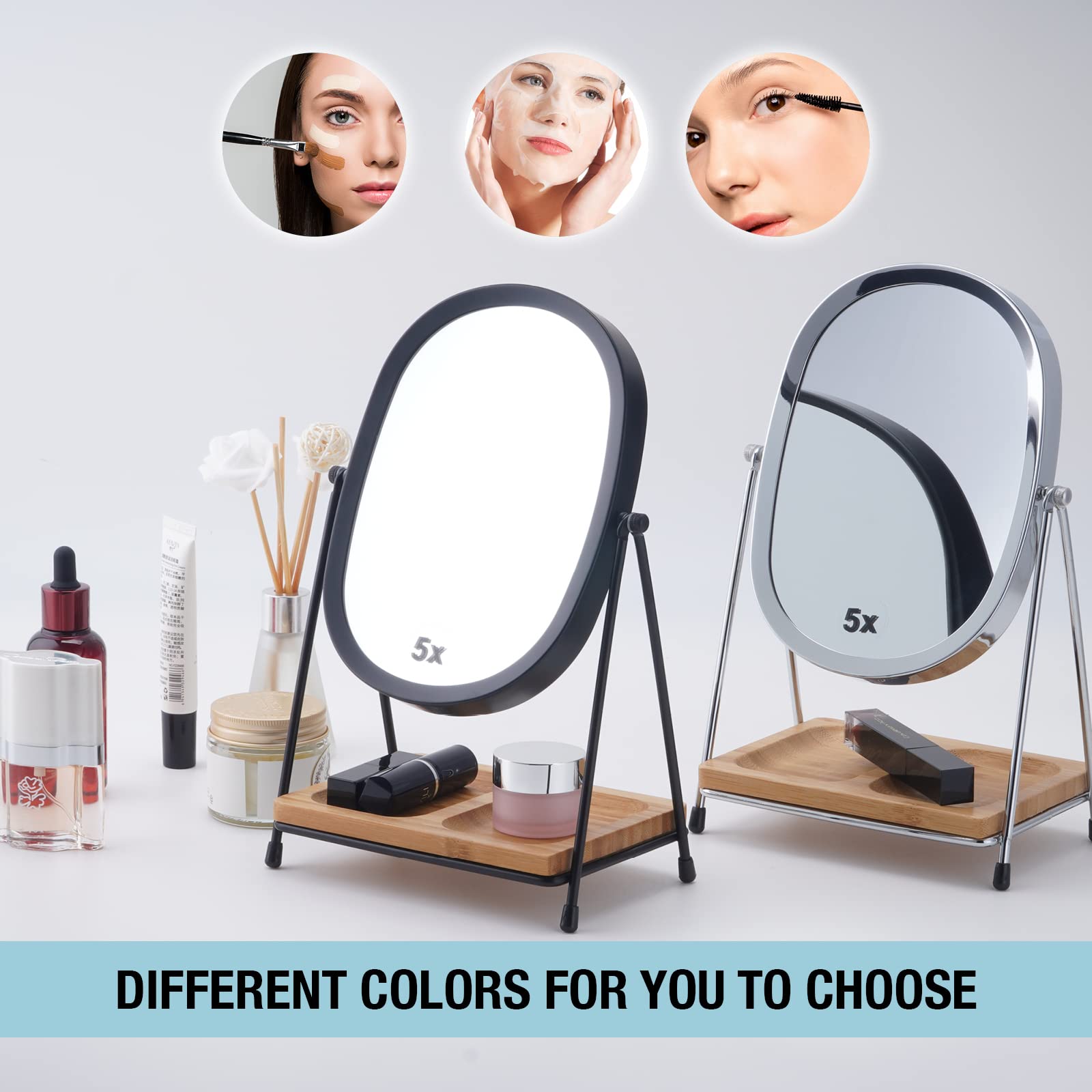 JOYOEIKON 5x/1x Magnifying Makeup Mirror with Bamboo Tray - 360° Rotating Vanity Mirror with Stand for Makeup Application, Skincare, and Eyebrow Grooming - Perfect for Dressing Tables, Bathrooms, and Travel