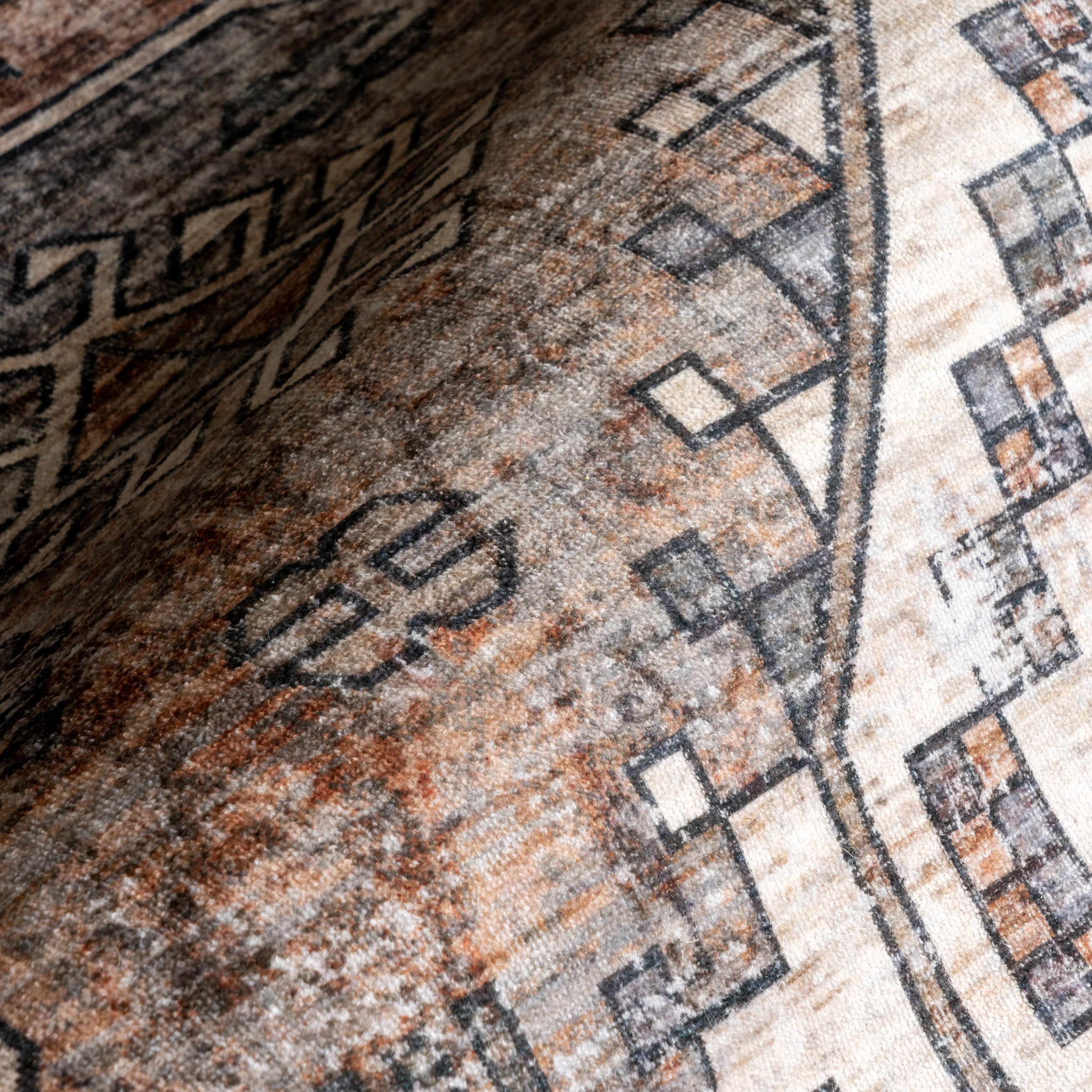 Faded Geometric Washable Area Rug in Rust - Soft & Durable Non-Slip Living Room Rug for Boho Home Decor, Bedroom or Office