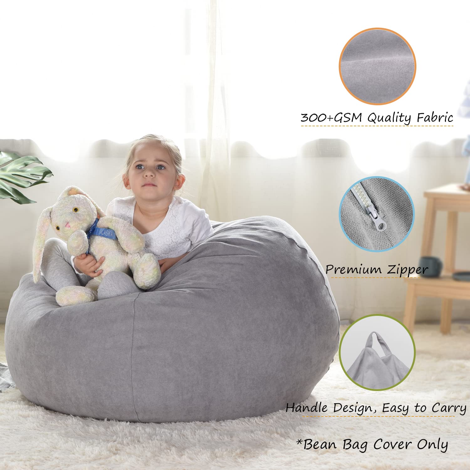 YuppieLife Extra Large 38'' Stuffed Animals Bean Bag Chair Cover - Grey (Just Cover, No Filling) | Kids Toy Storage & Organization | Perfect for Playrooms, Bedrooms & Daycare Centers