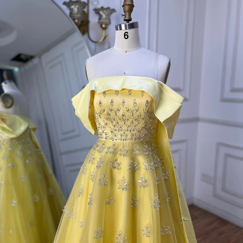 Serene Hill Luxury Dubai Arabic Yellow Elegant Boat Neck Long Evening Dress Beaded Party Gown for Women - LA72531 | Perfect for Weddings, Galas, and Formal Events