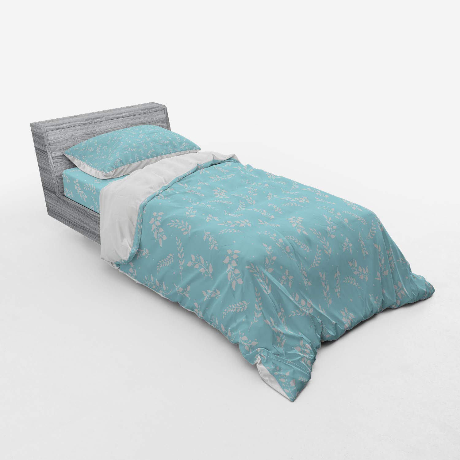Ambesonne Tree Duvet Cover Set - Blooming Branches with Delicate Leaves, 3-Piece Twin Size Bedding (Duvet Cover + Sham + Fitted Sheet) in Pale Blue & White, Botanical Garden Theme for Bedroom Decor