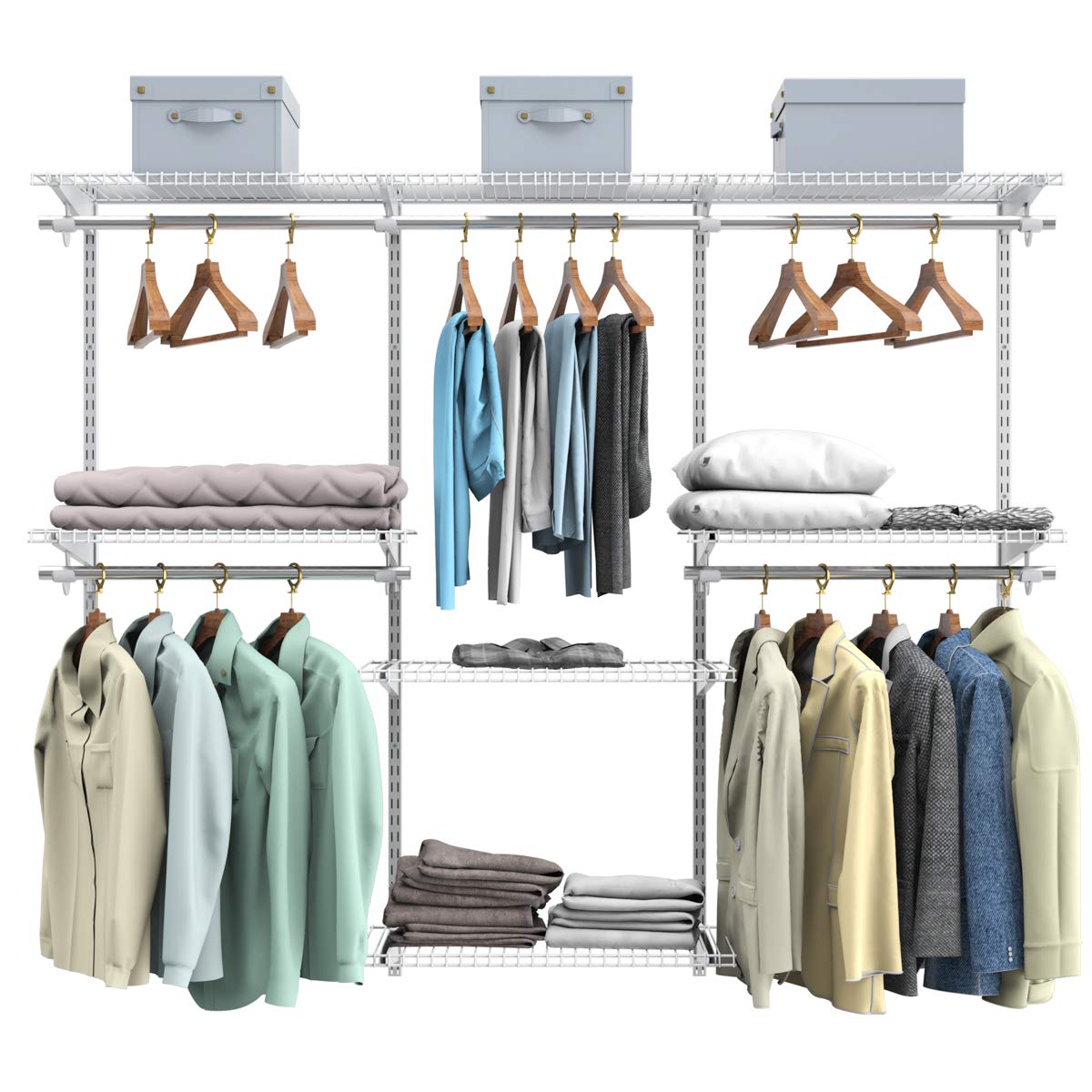 AFSTAR 4-6 FT Adjustable Wall Mount Closet Organizer System - 3 Hanging Rods & 6 Storage Shelves - Custom Closet Kit for Bedroom, Apartment (White) | Space Saving Closet Solution for Small Rooms & Walk-In Closets