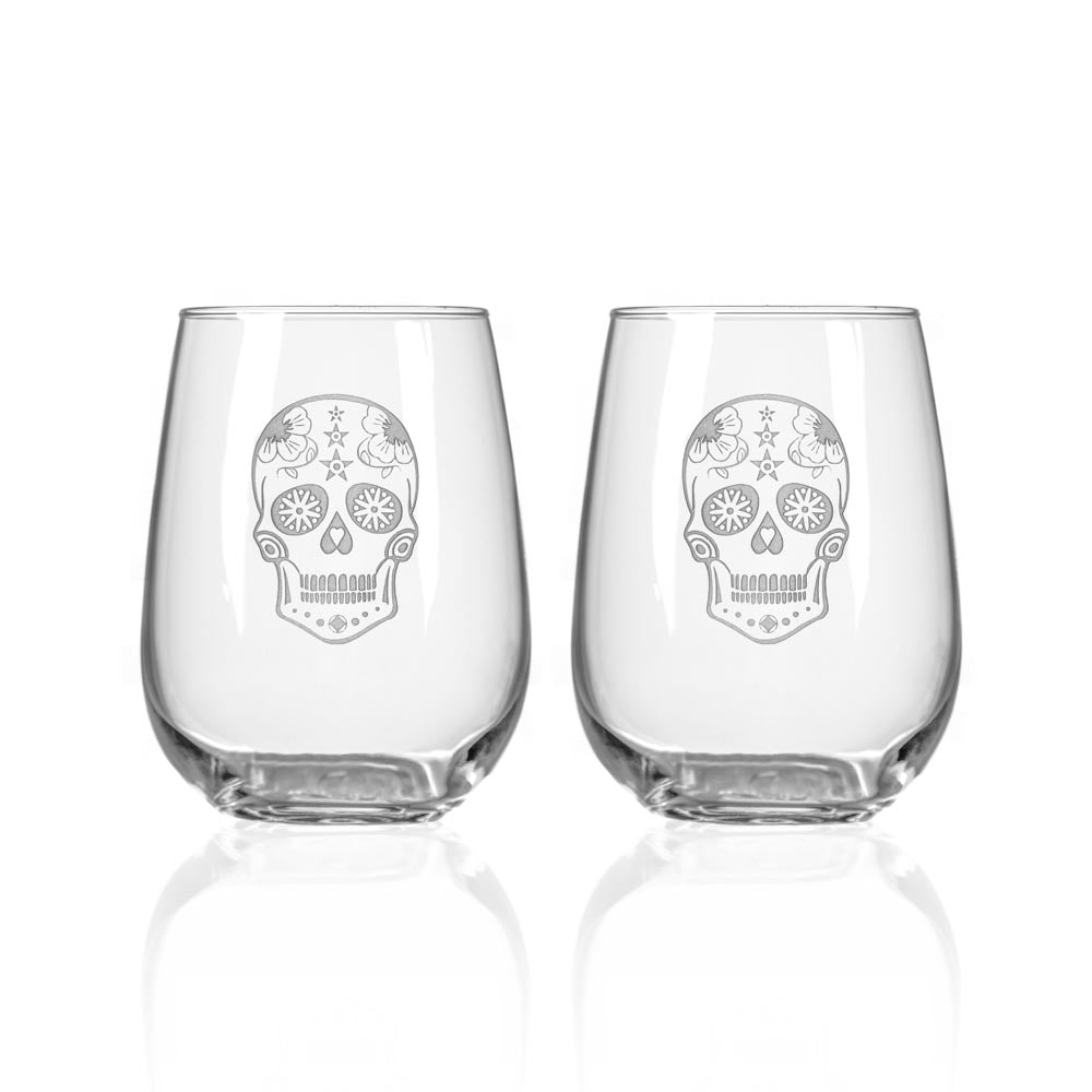Sugar Skull 17oz Stemless Wine Tumbler Glasses - Set of 2 for Halloween Party, Dia de Los Muertos Celebration & Unique Gift Idea