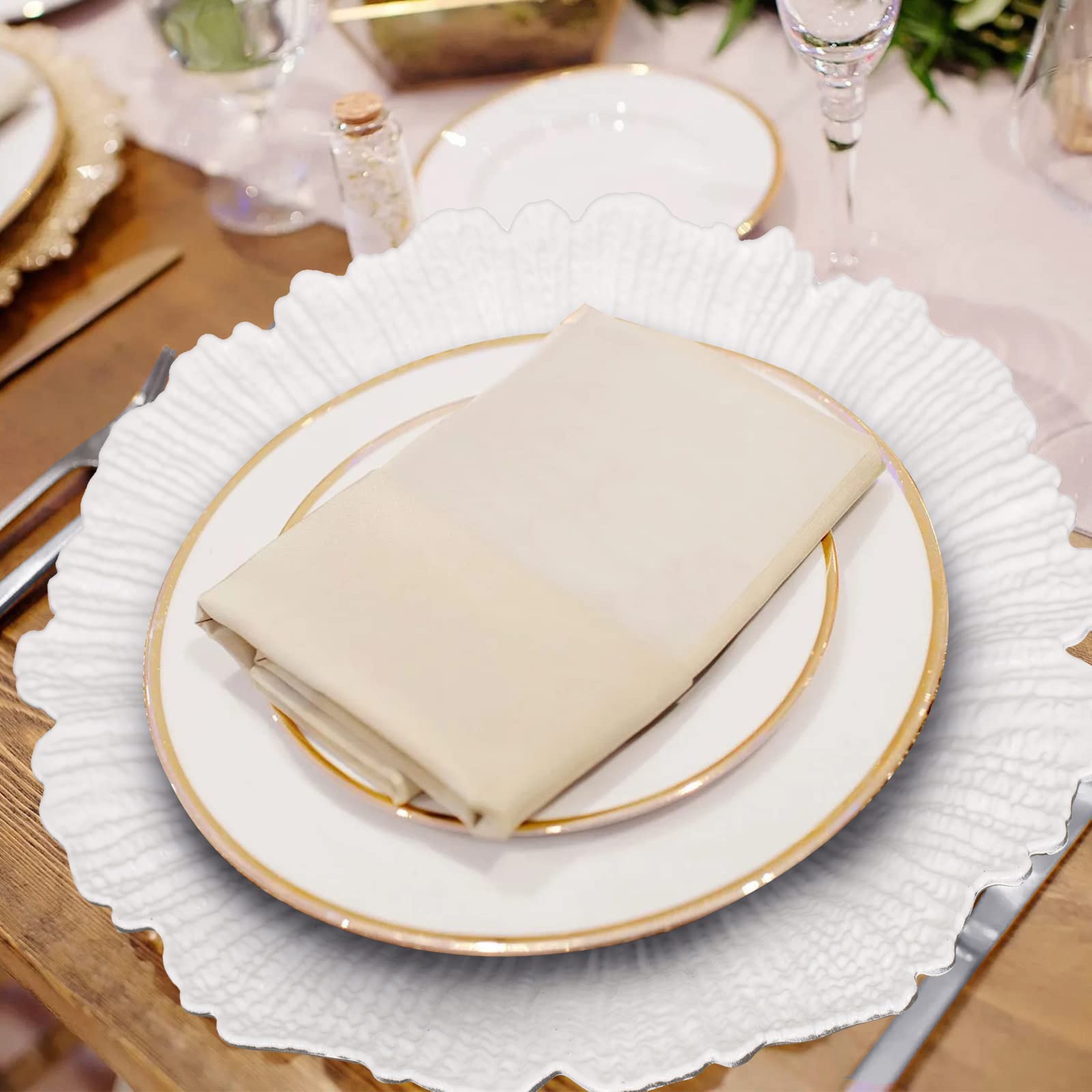 MAONAME 12-Pack White Plastic Charger Plates - Elegant Reef Design Decorative Dinner Plates for Formal Table Settings, Thanksgiving, Christmas, Weddings & Special Events