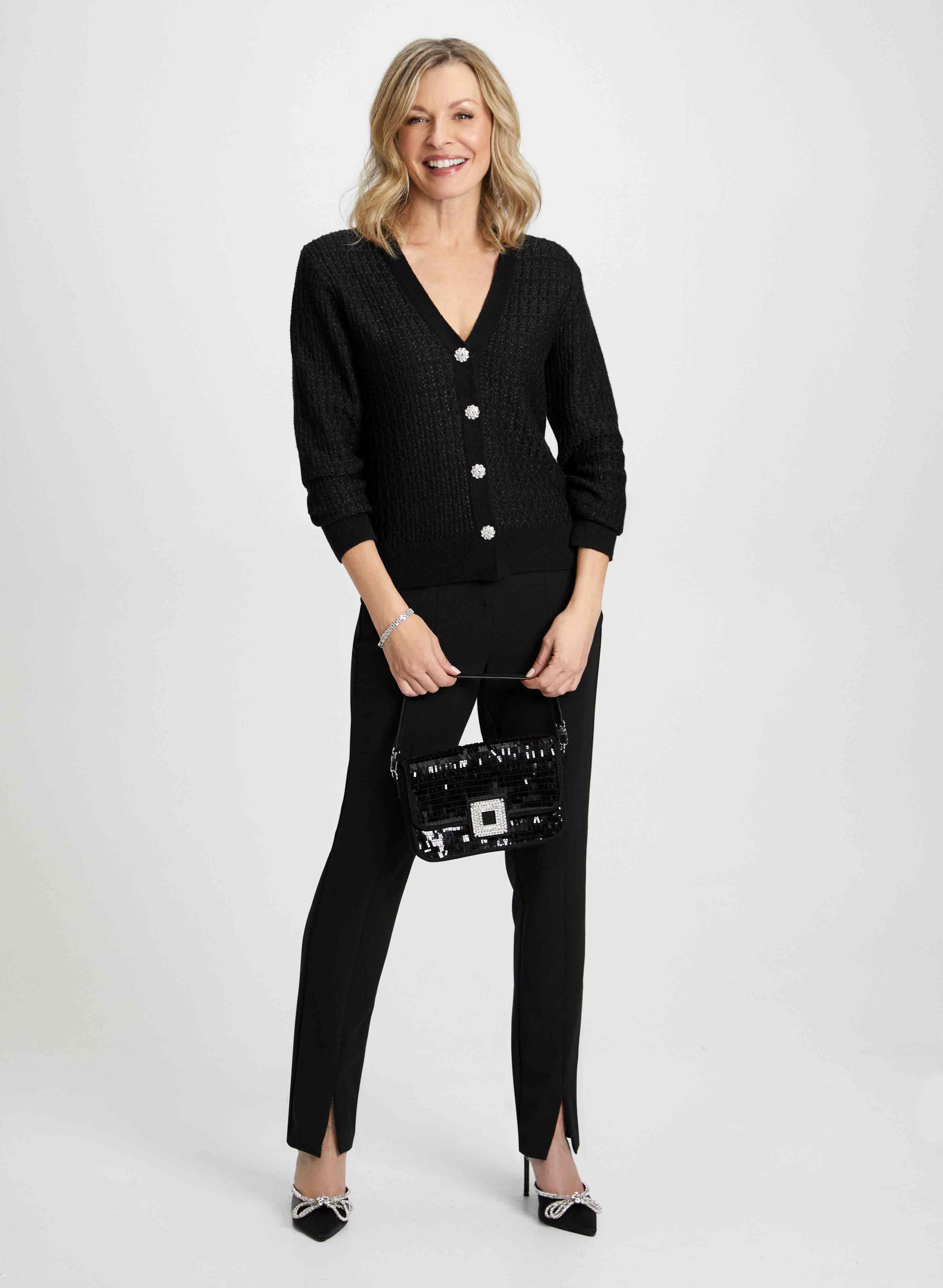 Elegant Crystal Button Cardigan & Front Slit Pants Set - Women's Fashion Knitwear for Office, Party & Date Night Outfits