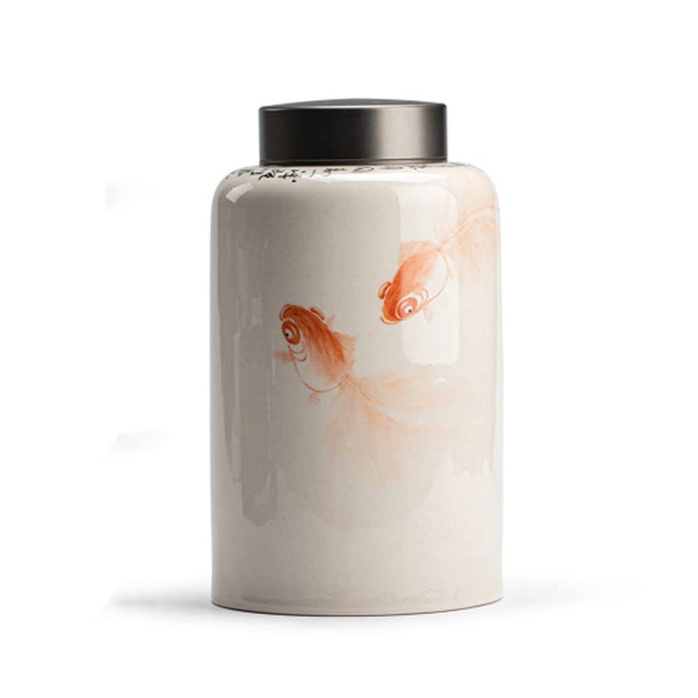 Hand-Painted Carp Ceramic Tea Storage Jar - Airtight Food Container for Tea, Coffee, Vanilla, Sugar, Spices & Nuts | Perfect for Kitchen, Pantry & Gift Giving