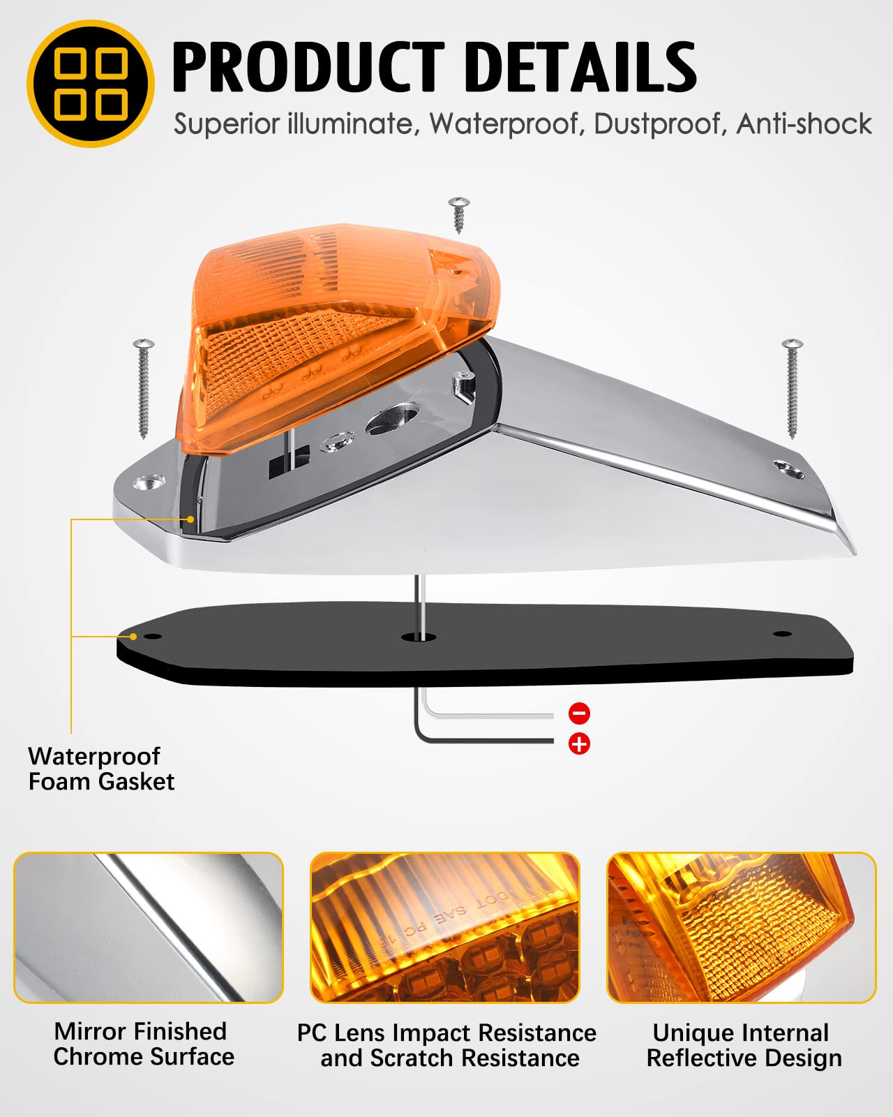Partsam 31LED Amber Waterproof Cab Marker Light for Peterbilt Kenworth Freightliner Western Star Mack International Paccar Trailer Trucks - Durable Roof Running Lights for Enhanced Night Visibility and Safety